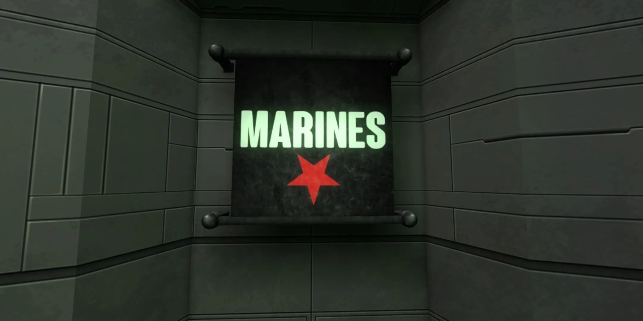 Biển hiệu khu vực Marines trong System Shock 2 Remastered, gợi nhớ phong cách nhập vai cổ điển.