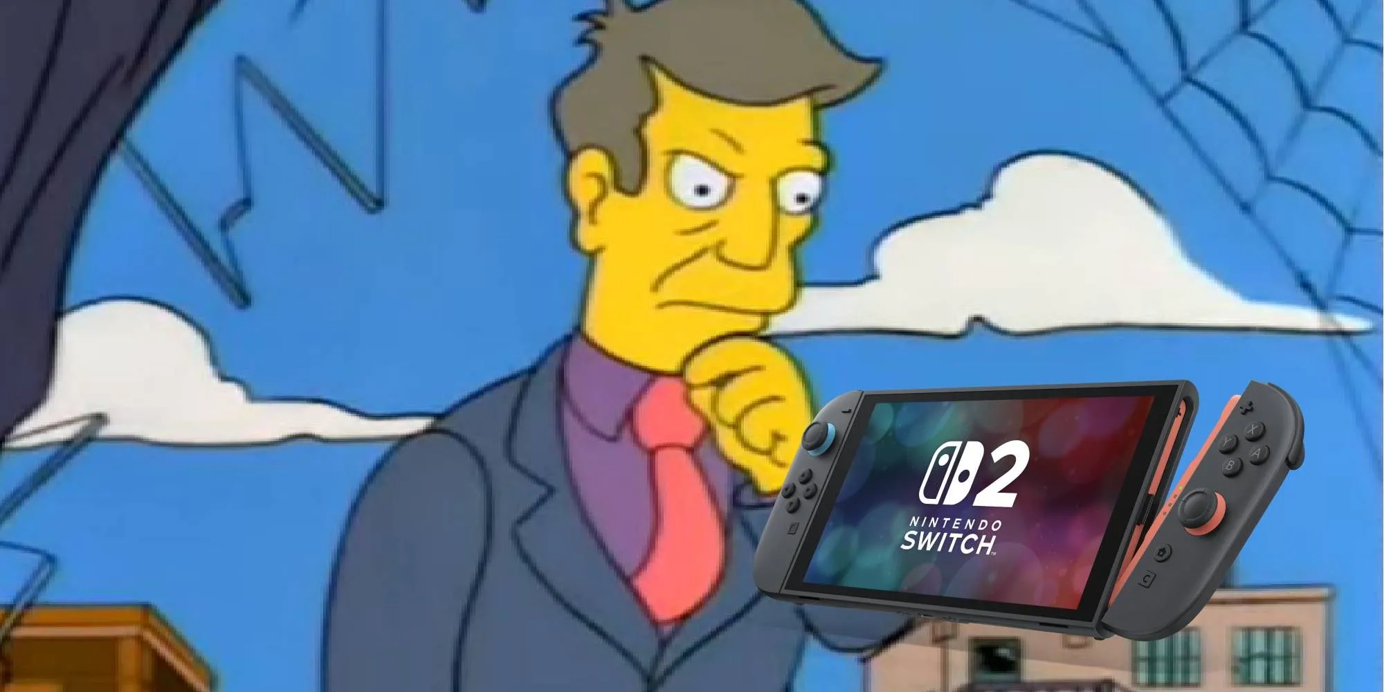 Biểu cảm của Principal Skinner khi nhìn Nintendo Switch 2 phản ánh sự bất ngờ và tò mò từ phía game thủ.