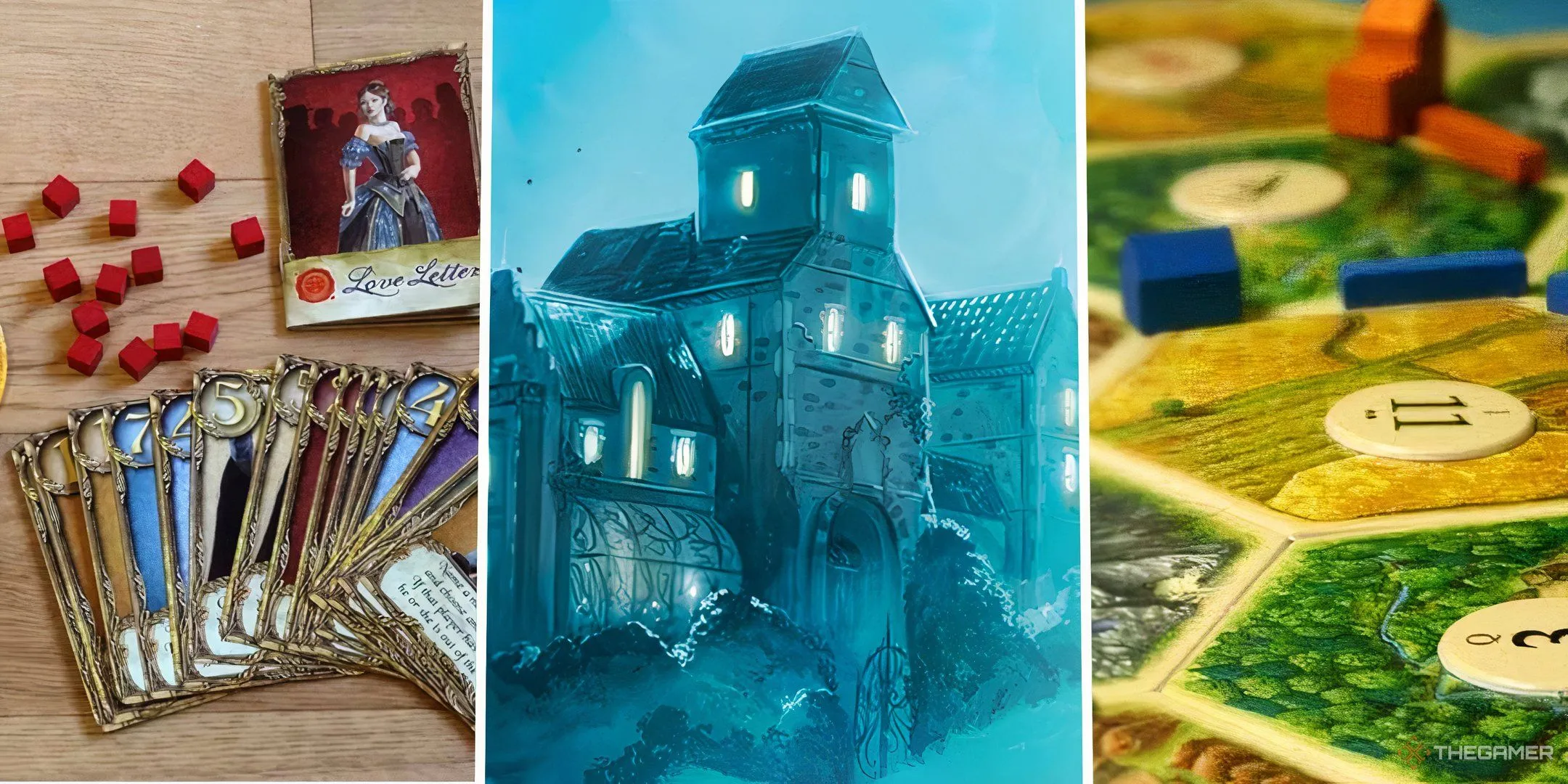 Bộ ba board game phổ biến: Love Letter, Mysterium và Catan, thể hiện sự đa dạng của trò chơi bàn cờ.