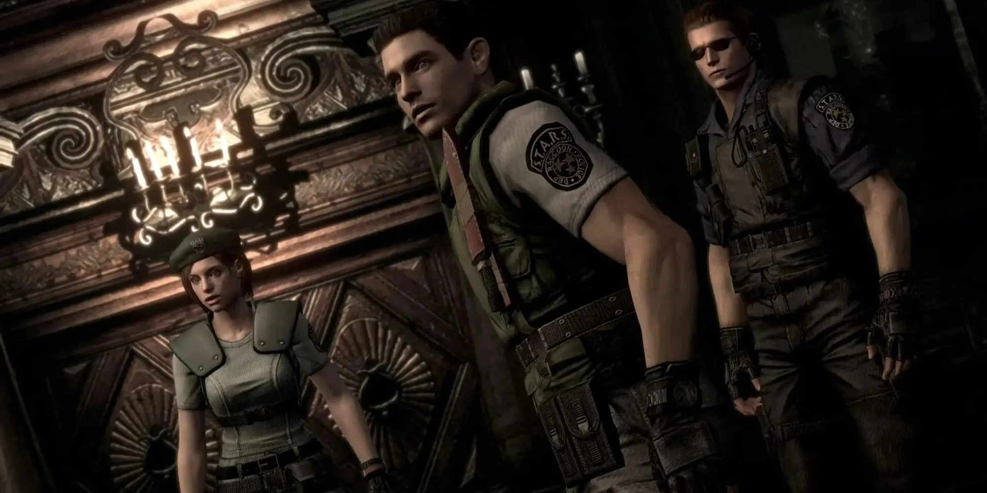 Bộ ba Jill Valentine, Chris Redfield và Albert Wesker tiến vào dinh thự trong Resident Evil bản gốc