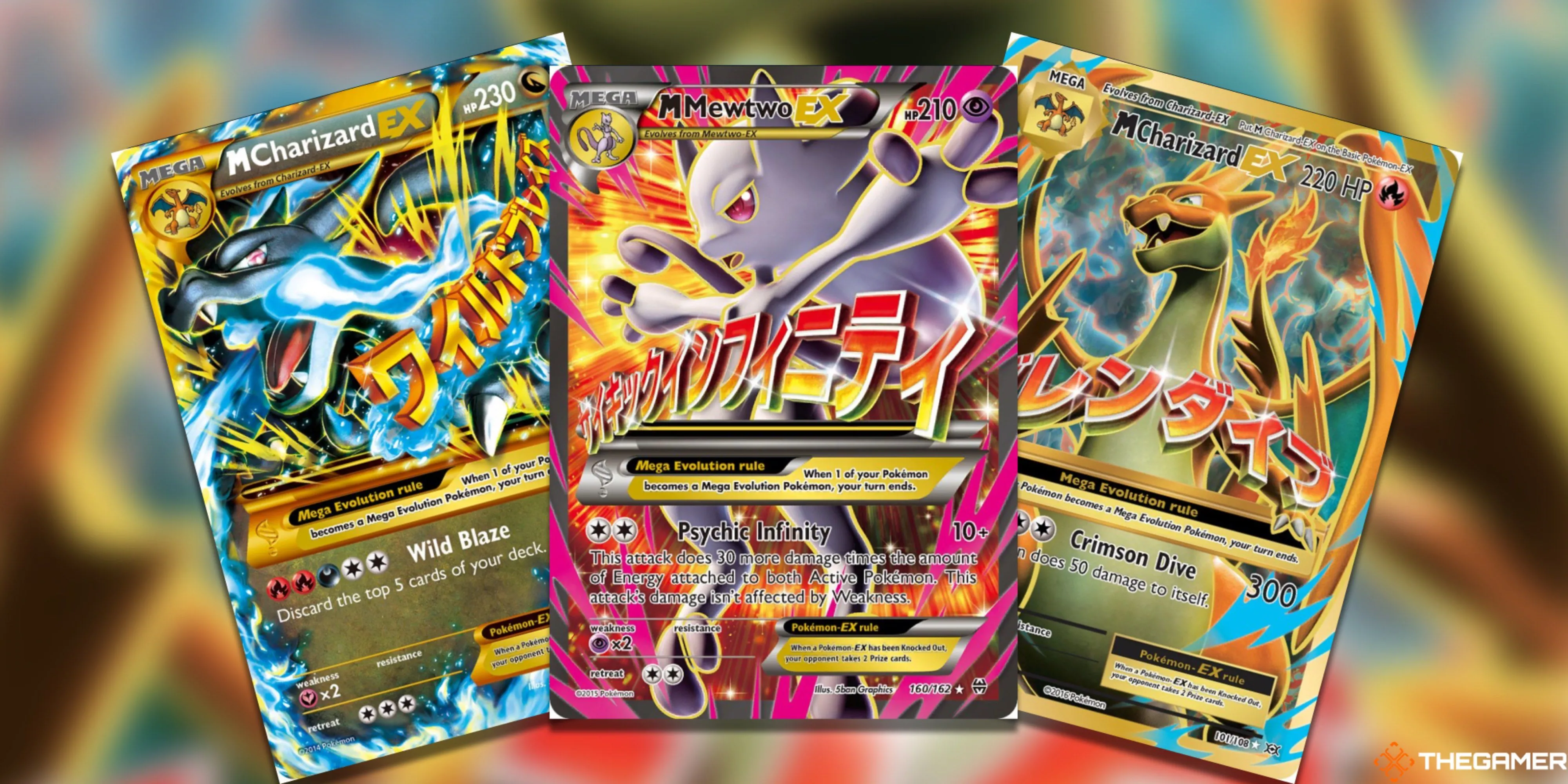 Bộ ba thẻ bài Mega Pokemon EX quý hiếm: Mega Charizard X, Mega Mewtwo Y và Mega Charizard Y trong game thẻ bài Pokemon TCG.
