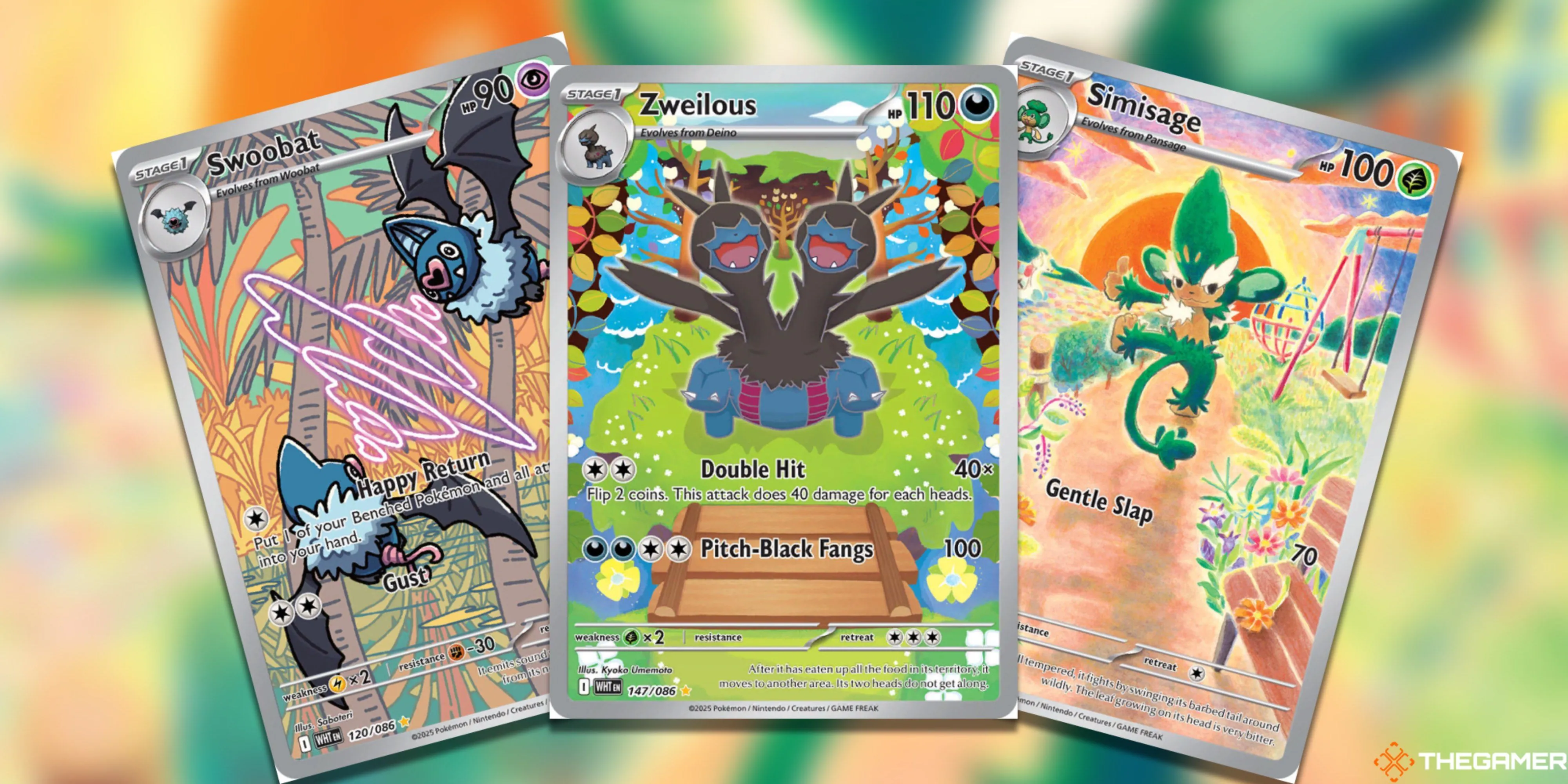 Bộ ba thẻ bài Pokemon TCG Black Bolt & White Flare: Swoobat, Zweilous và Simisage với thiết kế Illustration Rare ấn tượng.