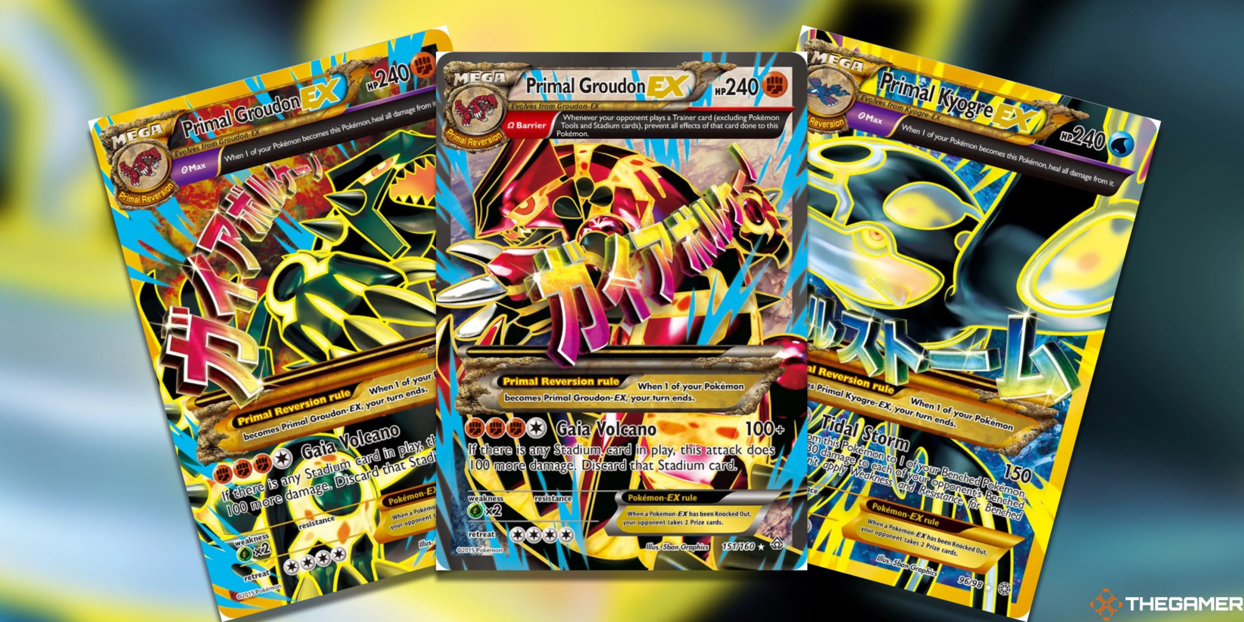 Bộ ba thẻ bài Primal Pokemon EX: Primal Groudon EX Shiny Full Art, Primal Groudon EX Ultra Rare và Primal Kyogre EX Shiny Full Art trong Pokemon TCG, biểu tượng sức mạnh cổ đại.