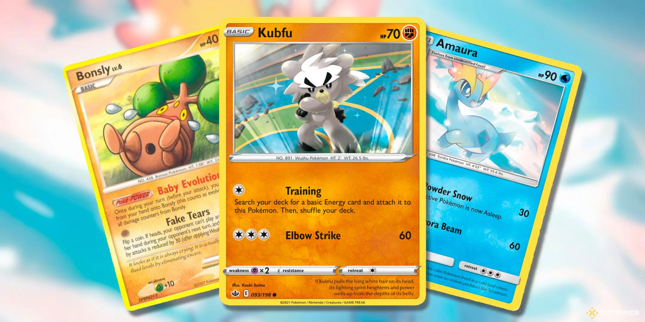 Bộ sưu tập ba thẻ bài Pokemon: Bonsly (Diamond &amp; Pearl), Kubfu (Chilling Reign) và Amaura (Forbidden Light), đại diện cho các Pokemon ít có thẻ bài trong TCG.