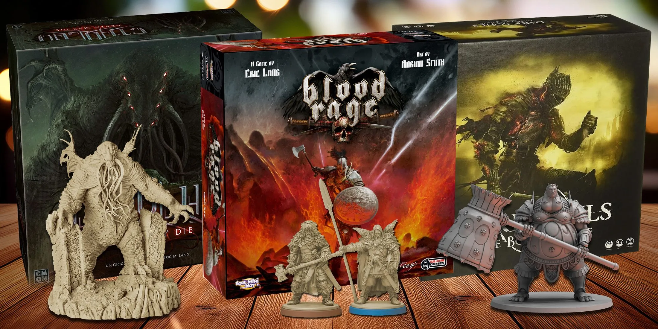 Các hộp board game Cthulhu Death May Die, Dark Souls Board Game và Blood Rage