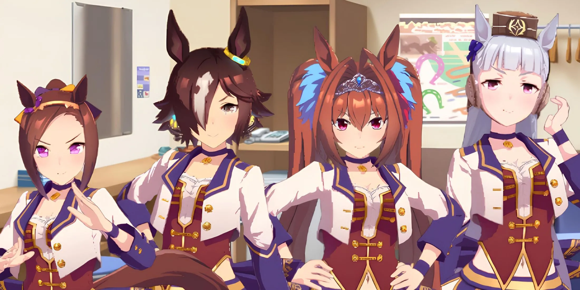 Các nhân vật horse-girl đa dạng trong game Umamusume Pretty Derby trên nền đường đua ngựa