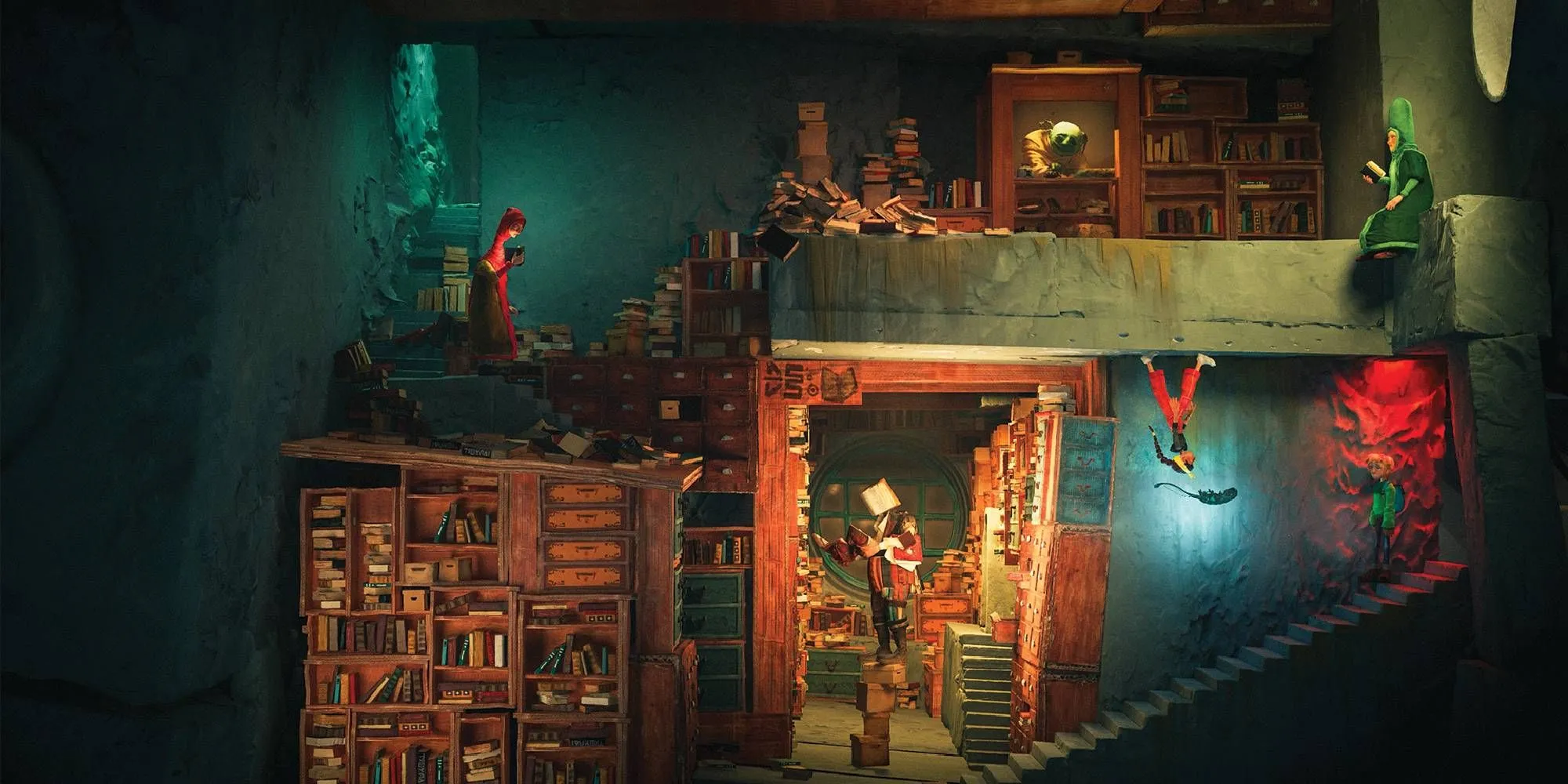 Các nhân vật trong Out of Words tại một thư viện đông đúc, với phong cách stop-motion độc đáo.