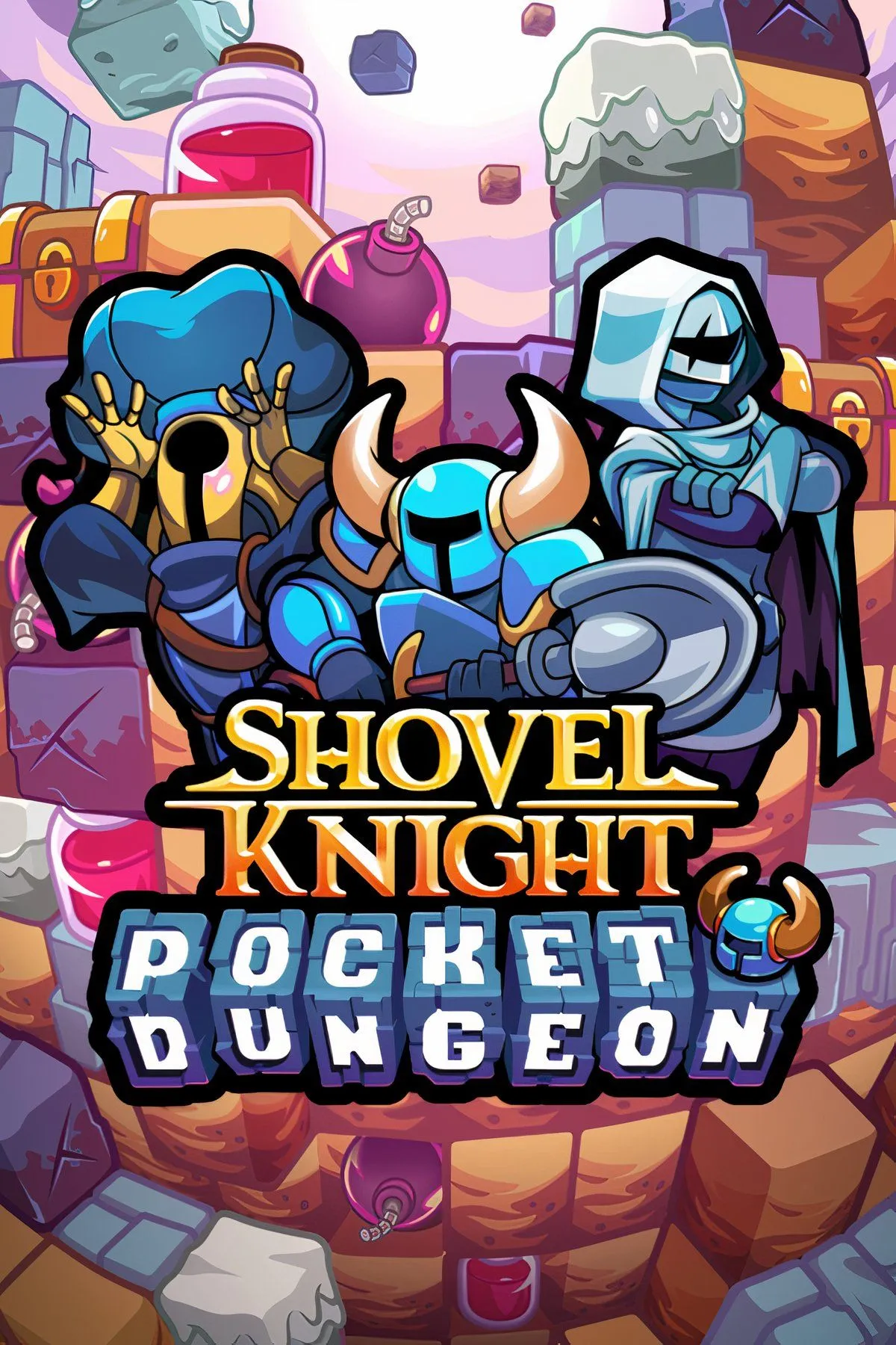 Các nhân vật và môi trường đa dạng trong game Shovel Knight Pocket Dungeon với phong cách pixel art cổ điển.