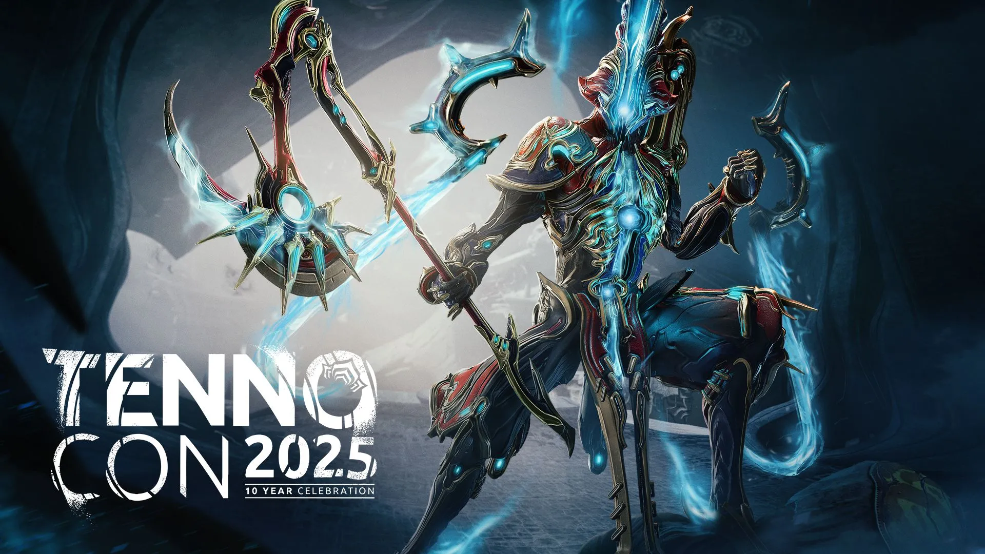 Caliban Prime, Warframe mới, tạo dáng cùng logo Tennocon 2025, đại diện cho những hé lộ tương lai game.