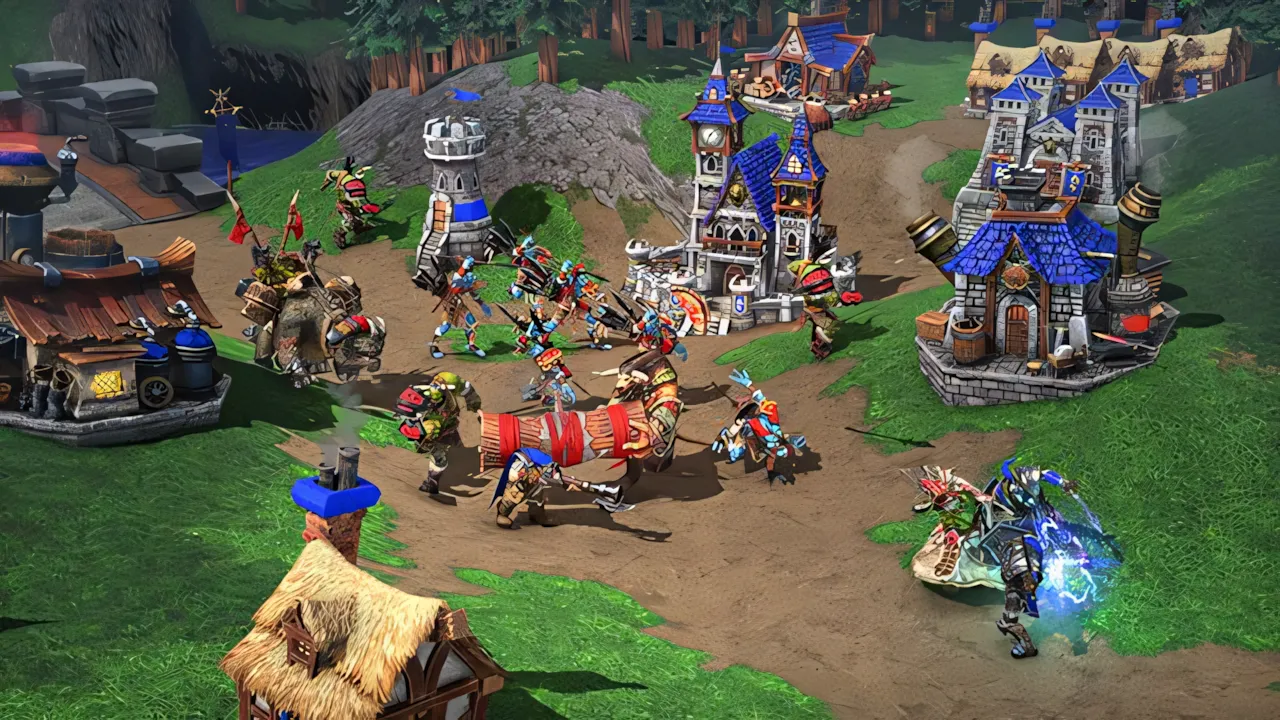 Cảnh trận chiến trong Warcraft 3 Reforged, thể hiện giao diện người dùng mới