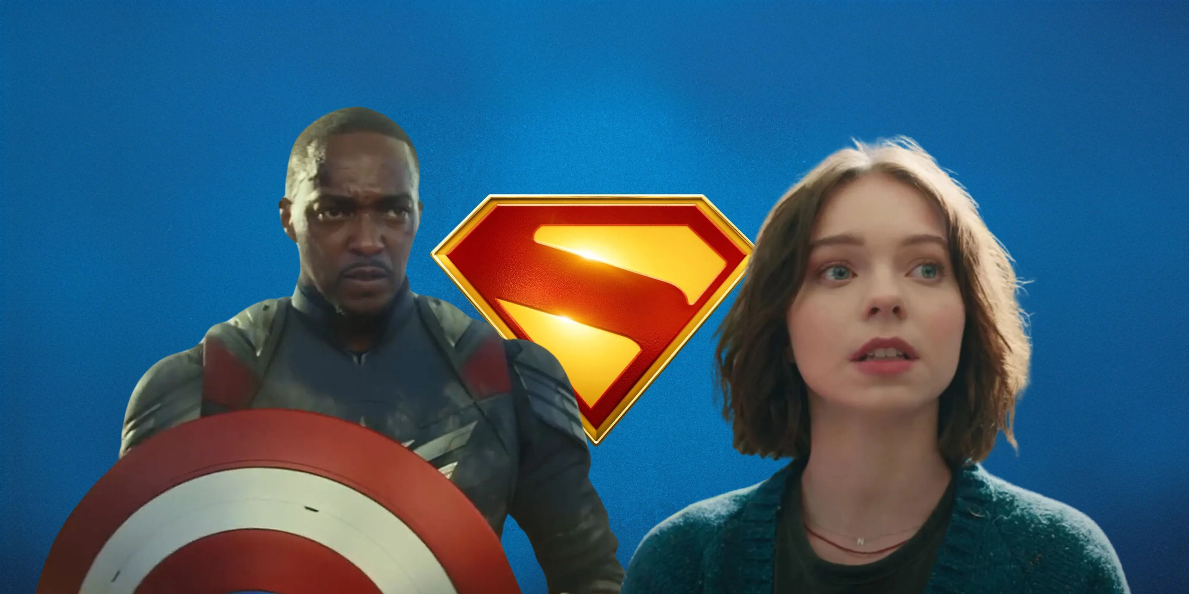 Captain America và Emma Myers đứng trước logo Superman, minh họa sự thay đổi trong bối cảnh phim siêu anh hùng.