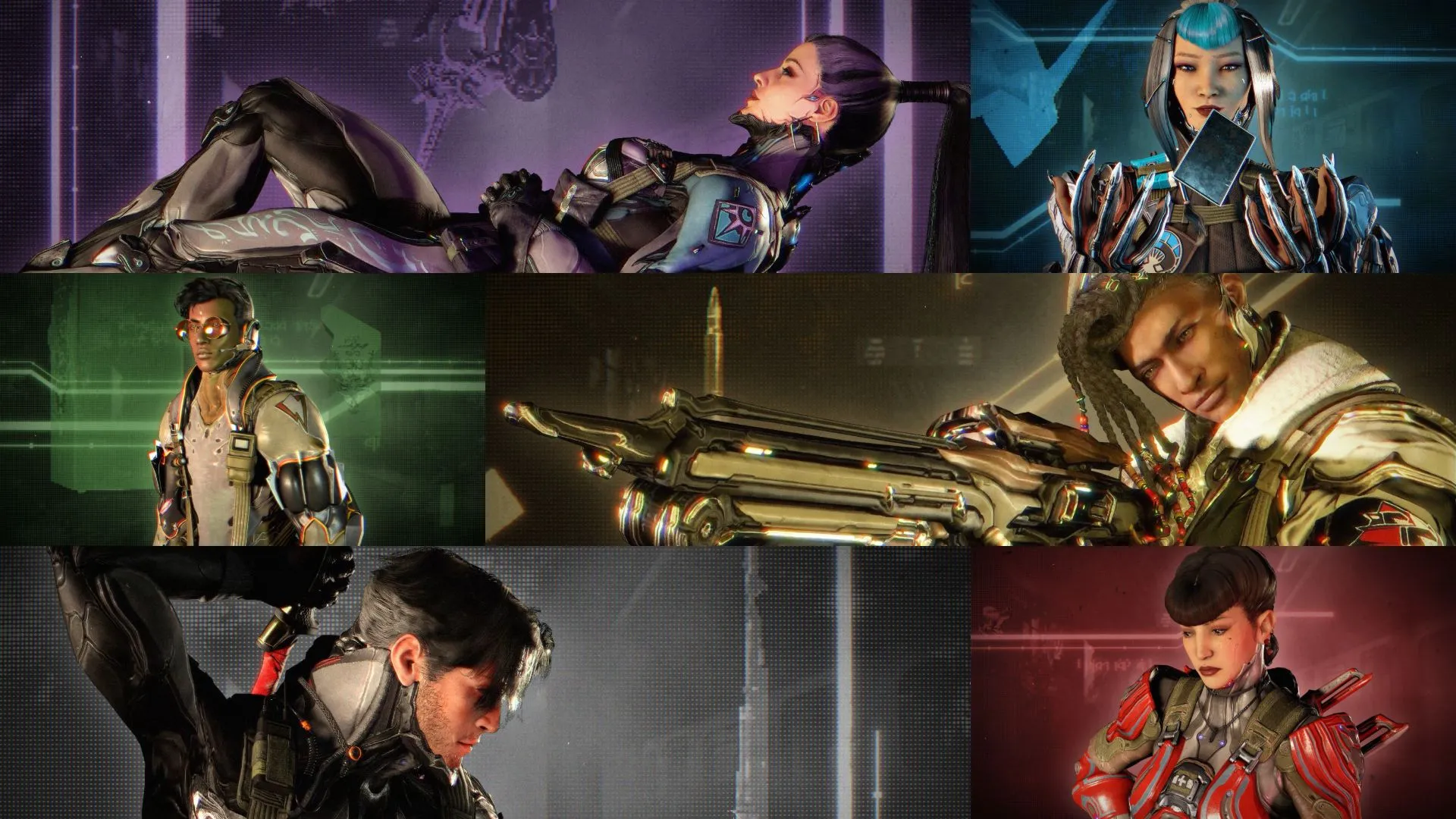 Chân dung sáu thành viên chủ chốt của nhóm Hex trong câu chuyện Warframe 1999.