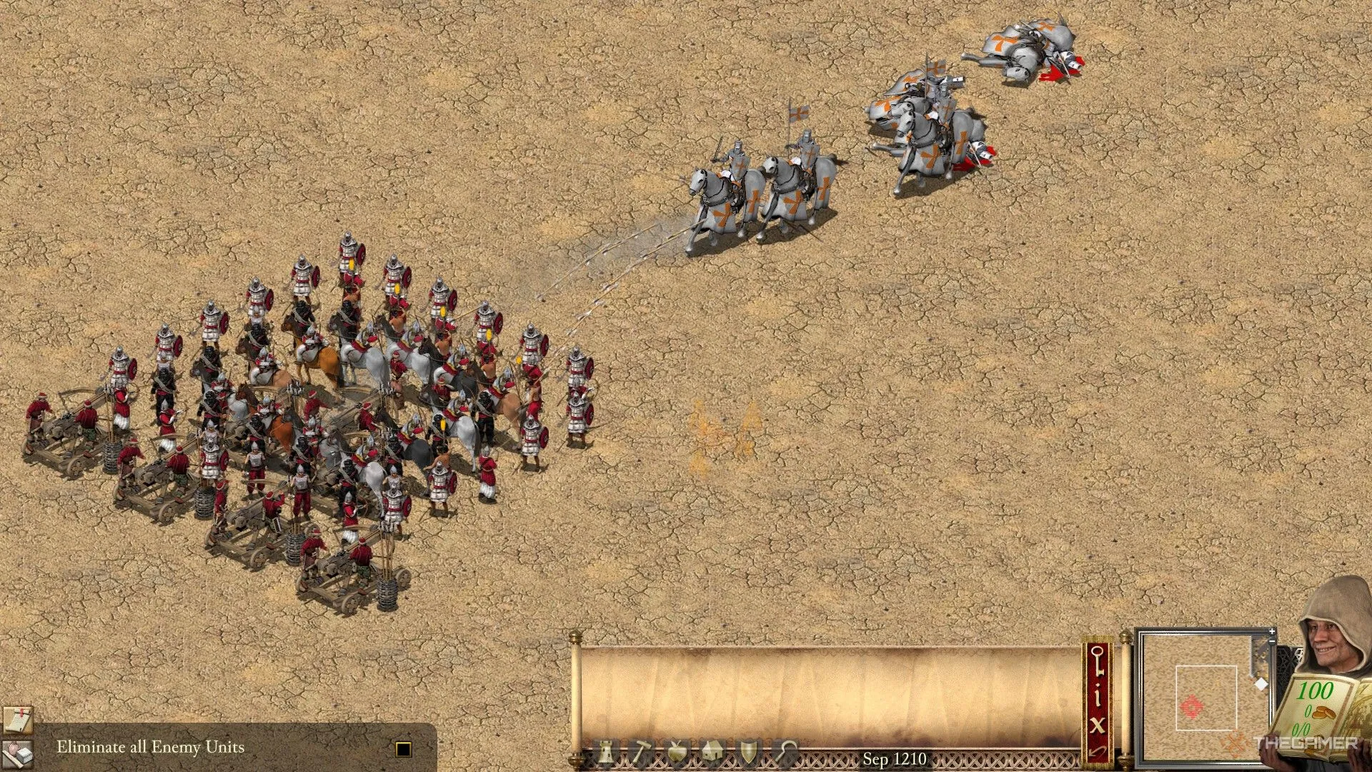Chiến trường Stronghold Crusader Definitive Edition với hỏa tiễn Ả Rập (Fire Ballistae) chống lại kỵ sĩ, thể hiện các cuộc tấn công dữ dội từ các Chúa Tể hiếu chiến.