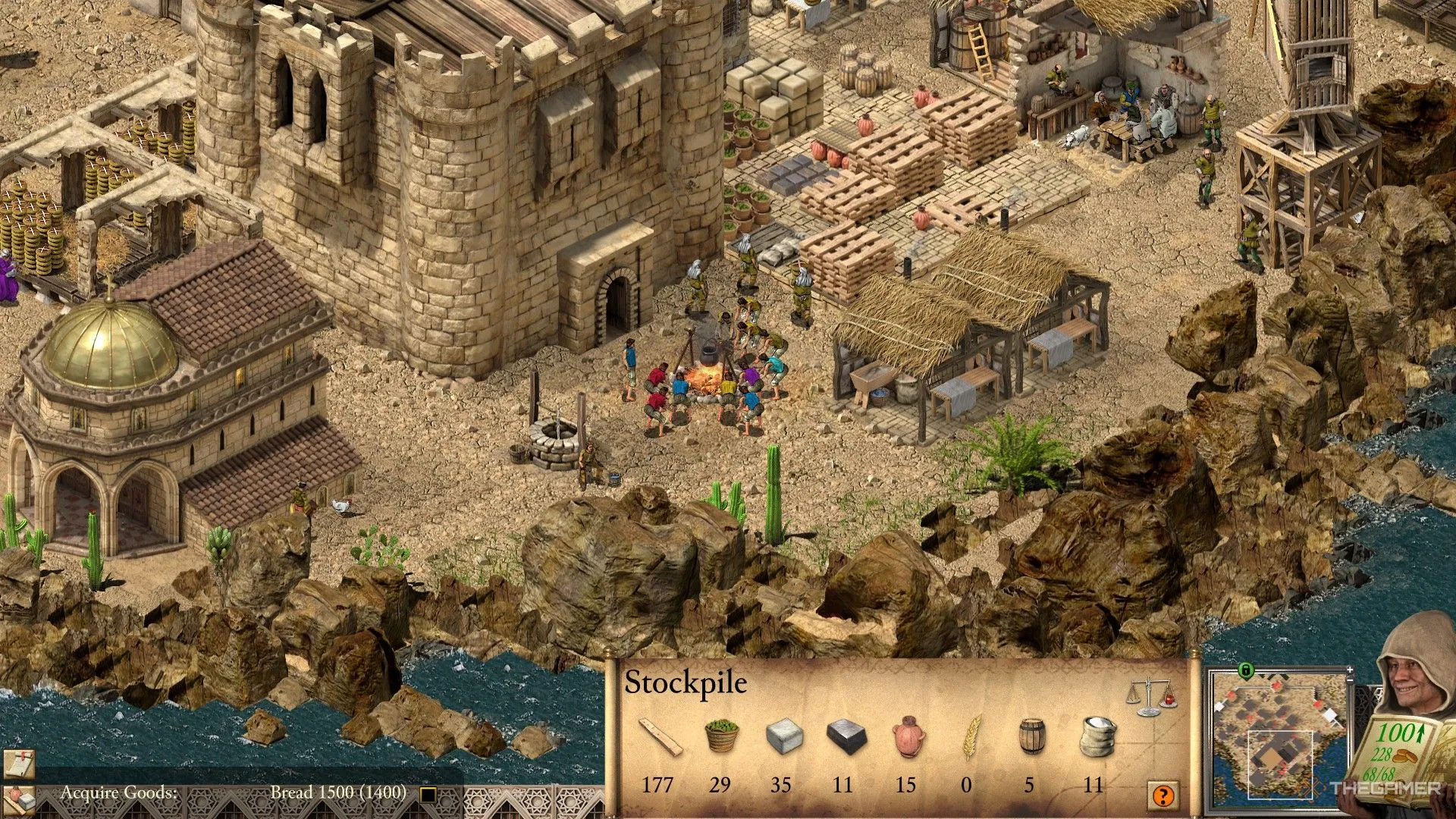 Dân làng đang chờ phân công nhiệm vụ tại trại khởi đầu trong Stronghold Crusader Definitive Edition, minh họa sự phát triển kinh tế ban đầu.