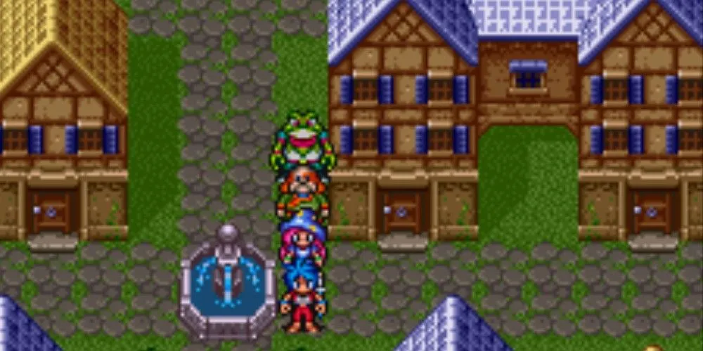 Dãy nhân vật huyền thoại bên đài phun nước trong game nhập vai Breath of Fire 2
