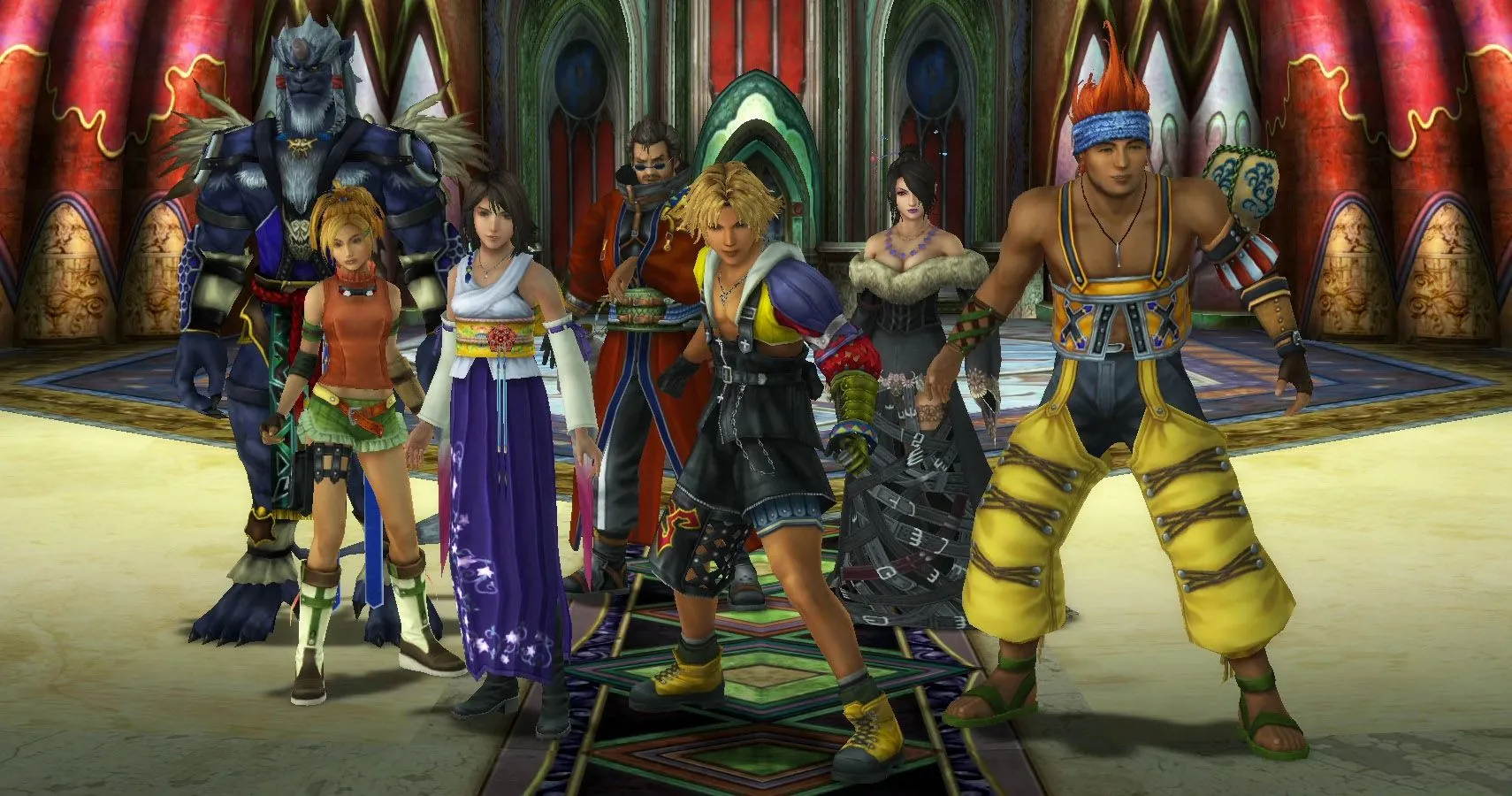 Đội hình nhân vật chính của Final Fantasy X bao gồm Tidus, Yuna, Auron, Wakka, Lulu, Rikku và Kimahri
