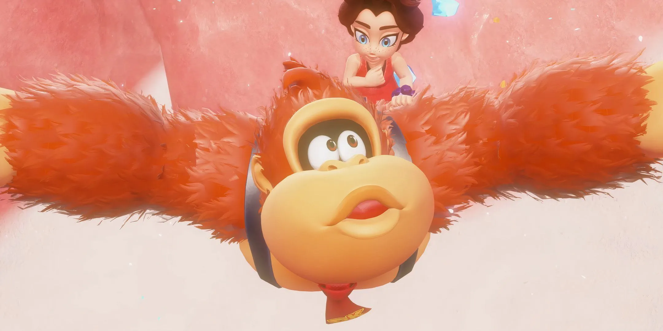 Donkey Kong rơi từ trên trời xuống, dang tay, với Pauline trên lưng