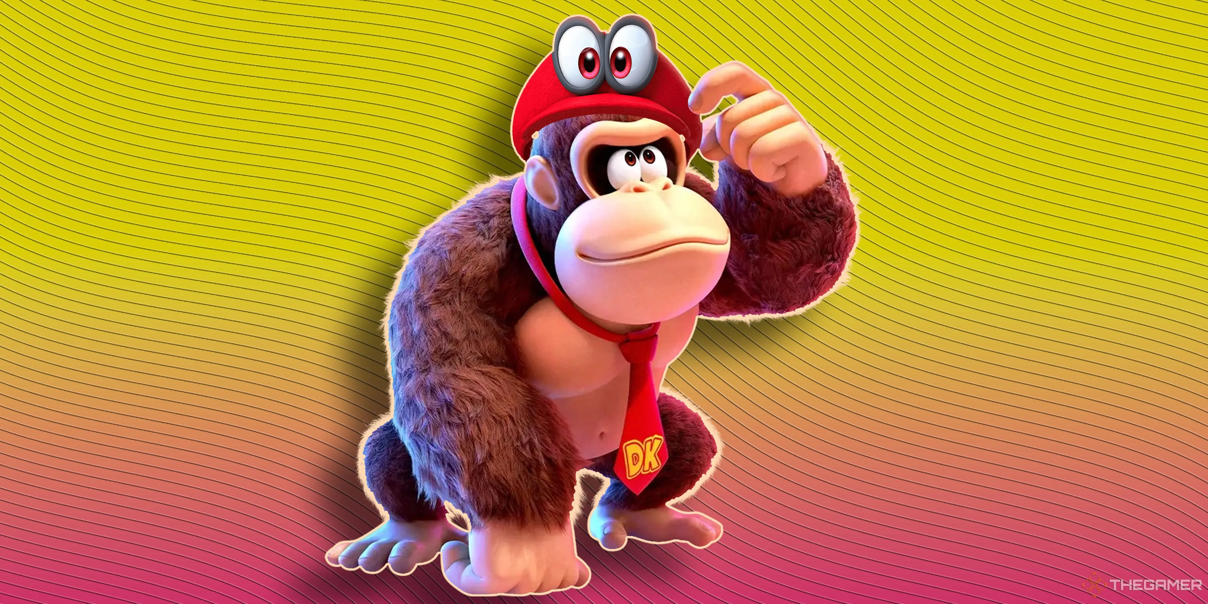 Donkey Kong với phong cách đồ họa mới trong Bananza, đội chiếc mũ Cappy của Mario Odyssey.