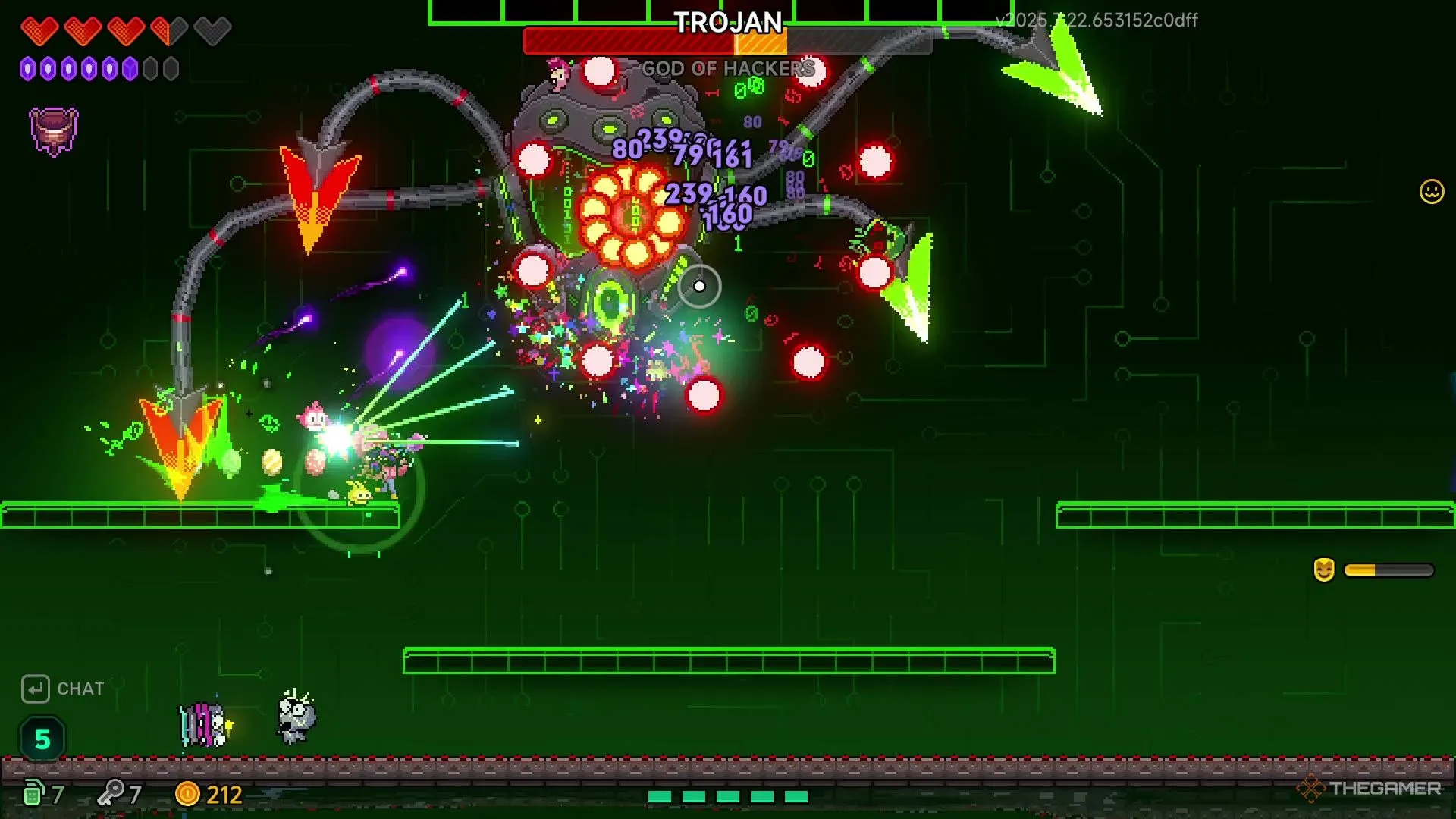 Elise bắn vào boss Trojan và né các xúc tu đâm vào mình trên đấu trường kỹ thuật số màu xanh lá cây trong Neon Abyss 2