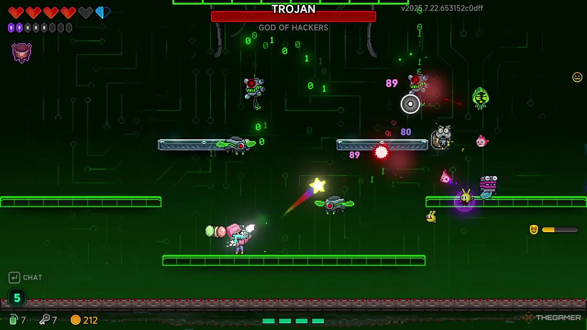 Elise cùng các Hatchmon chiến đấu với kẻ thù bay Trojan trong giai đoạn một của Neon Abyss 2