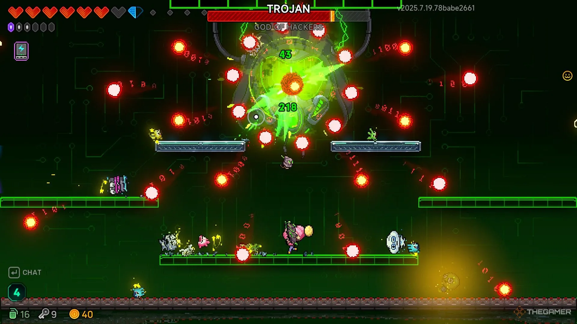 Elise sử dụng vũ khí Noxmare chiến đấu với boss Trojan và né tránh nhiều đường đạn trong Neon Abyss 2