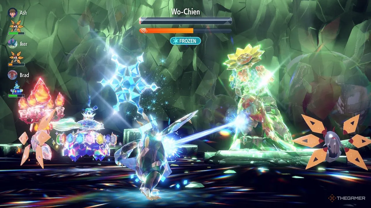 Empoleon sử dụng Ice Beam đóng băng Shiny Wo-Chien, cho thấy khả năng khống chế và sát thương từ Pokemon hệ Băng trong Tera Raid.