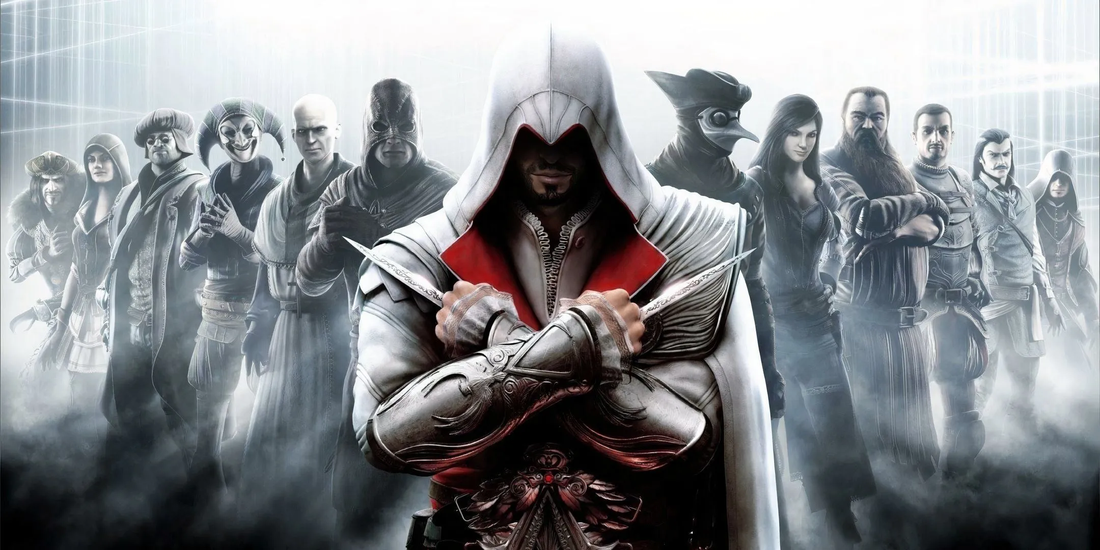 Ezio Auditore, biểu tượng của series Assassin's Creed Brotherhood, đứng giữa các sát thủ