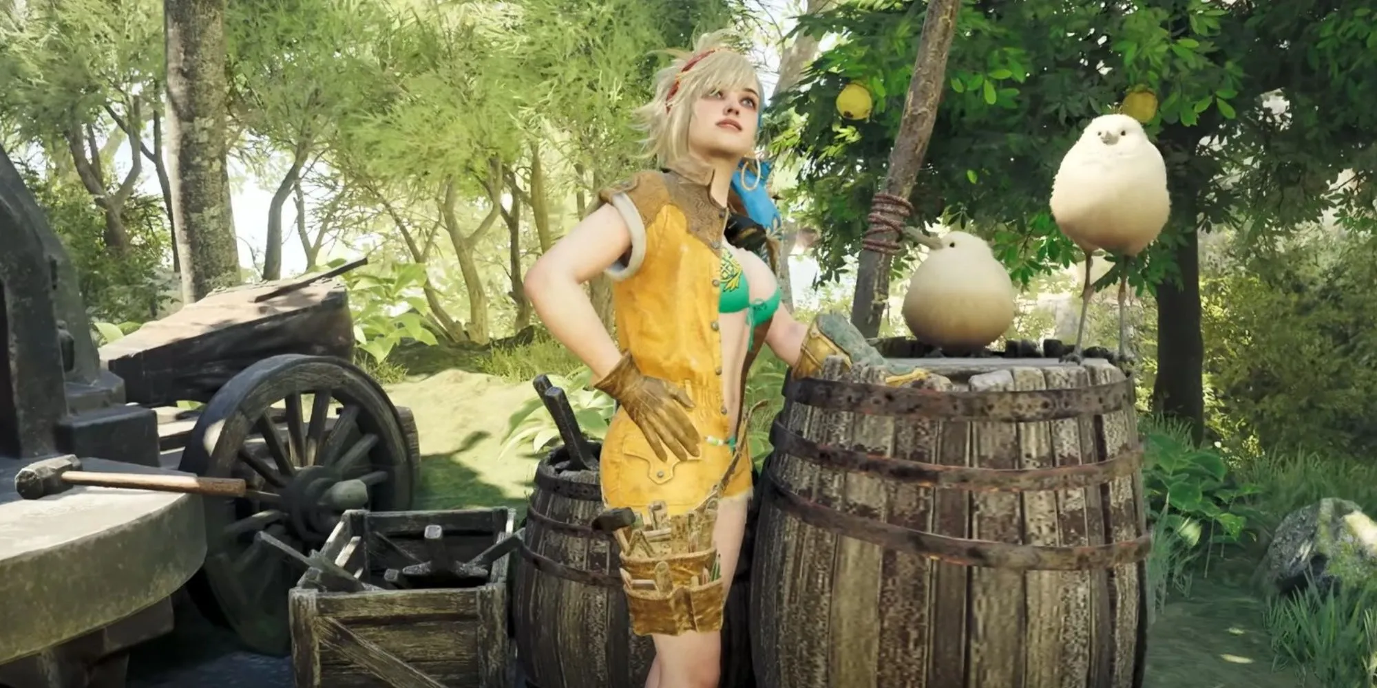 Gemma thợ rèn trong trang phục mùa hè bên lò rèn, giới thiệu sự kiện mới của Monster Hunter Wilds
