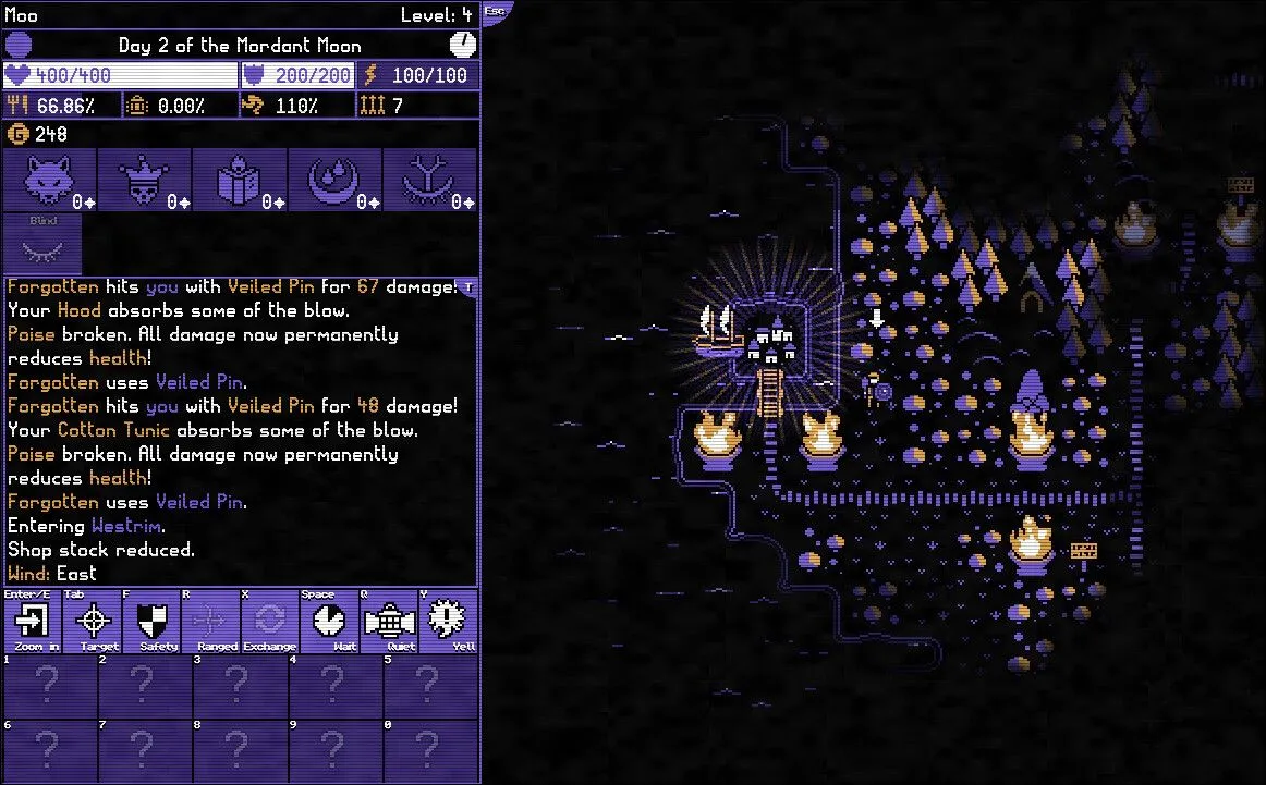 Giao diện gameplay của Moonring, thể hiện góc nhìn từ trên xuống và hệ thống bản đồ ngục tối.