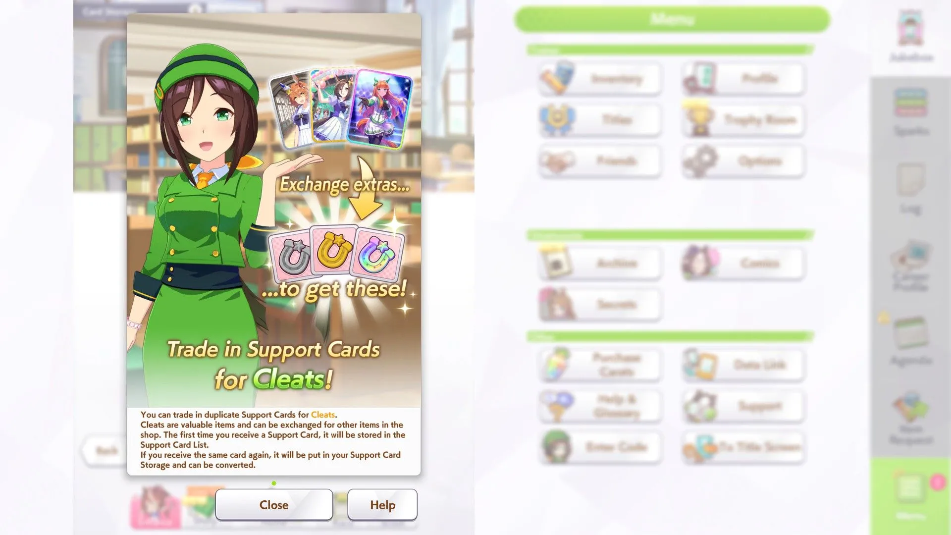 Giao diện hướng dẫn chuyển đổi Support Cards thành Cleats trong Umamusume