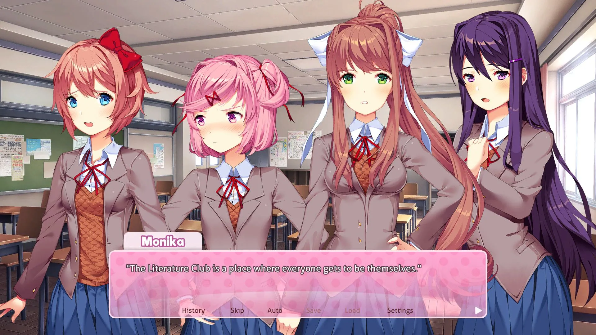 Giao diện lớp học và các thành viên câu lạc bộ văn học trong Doki Doki Literature Club, bối cảnh chính của game visual novel.