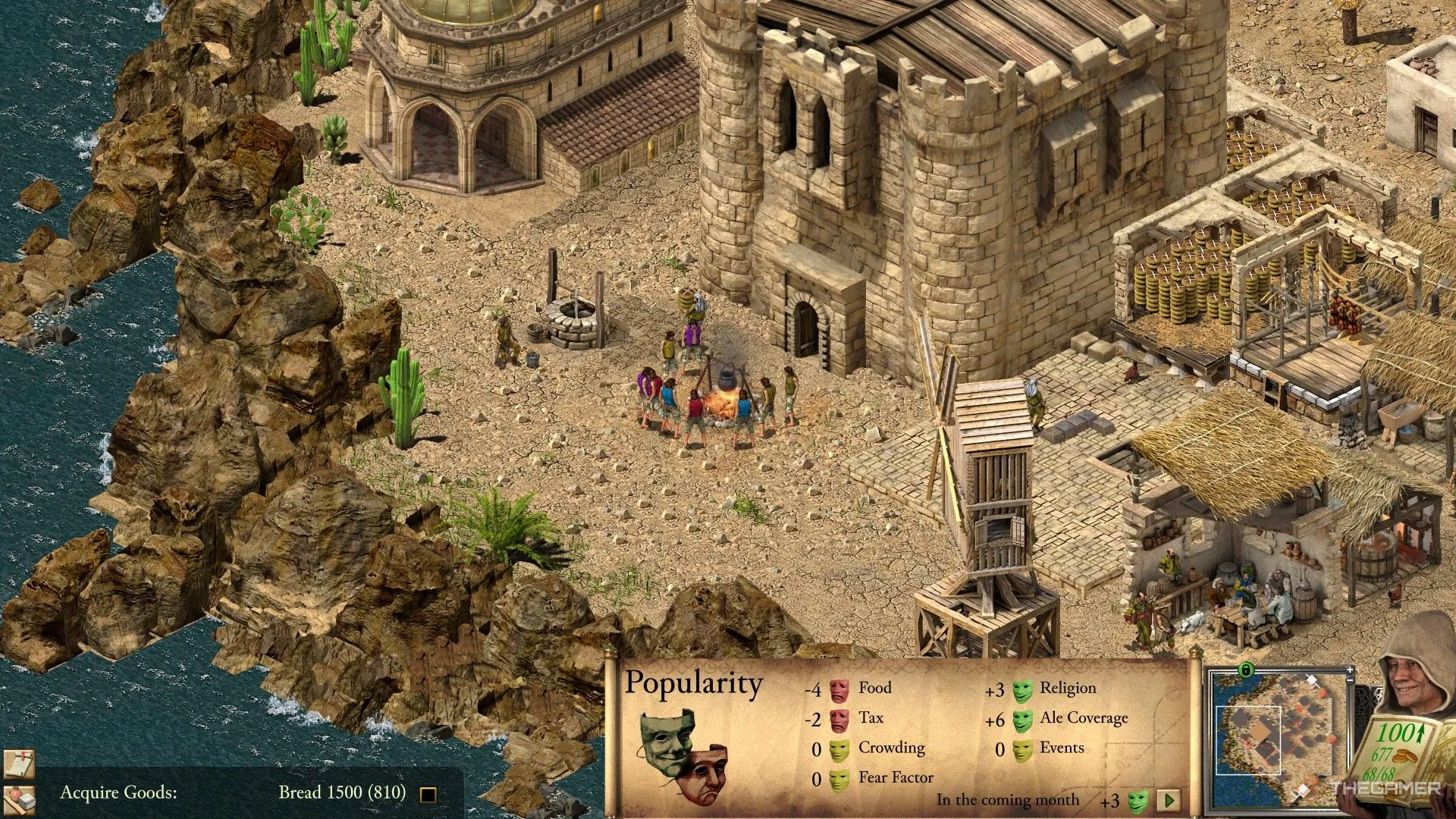 Giao diện quản lý sự hài lòng dân chúng trong Stronghold Crusader Definitive Edition, cho thấy tầm quan trọng của kinh tế và yếu tố xã hội trong chiến thuật của các AI Lords.