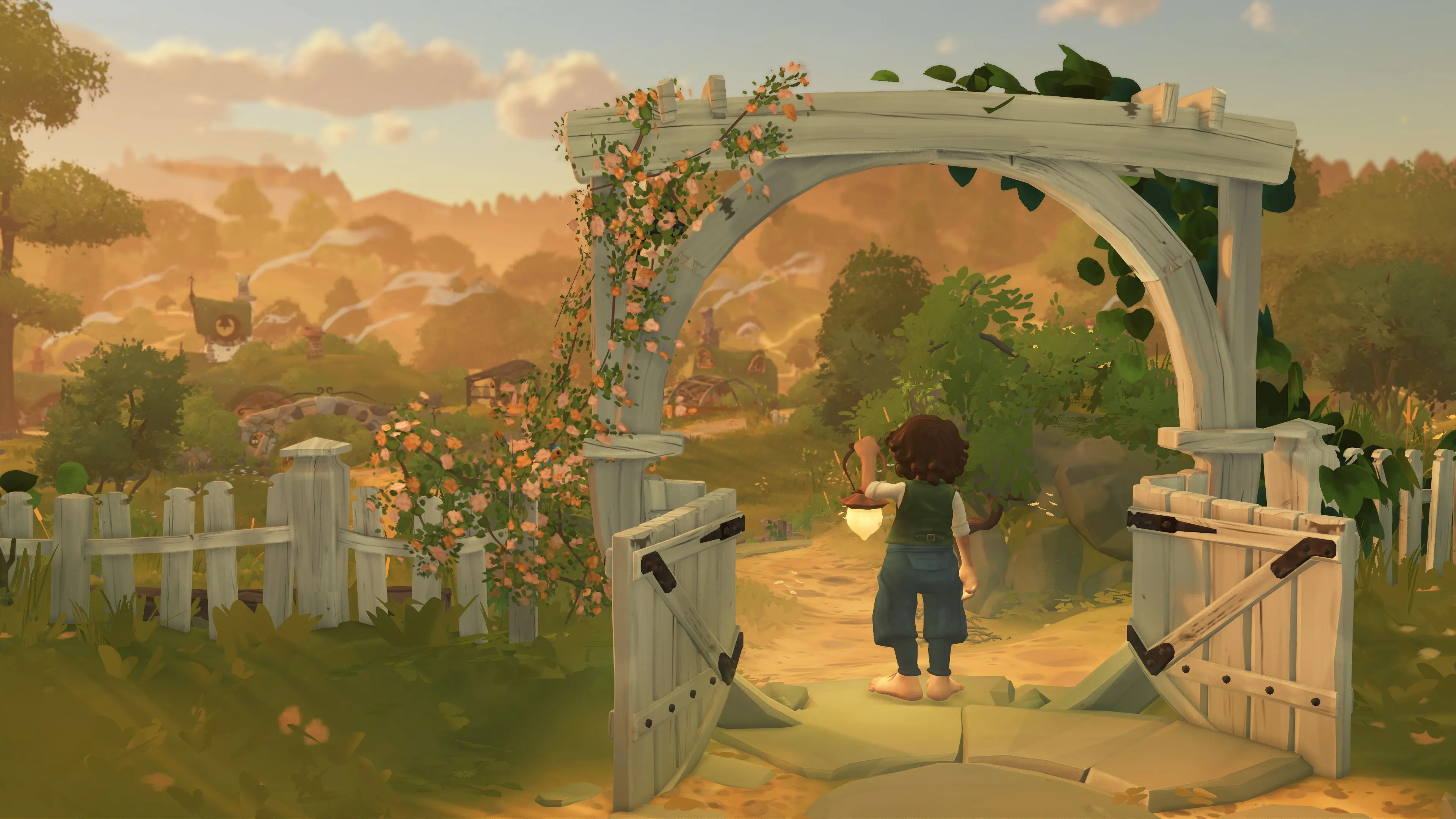 Góc nhìn cận cảnh một ngôi nhà Hobbit ấm cúng trong Tales of the Shire, thể hiện không gian sống và sinh hoạt điển hình của game mô phỏng cuộc sống.