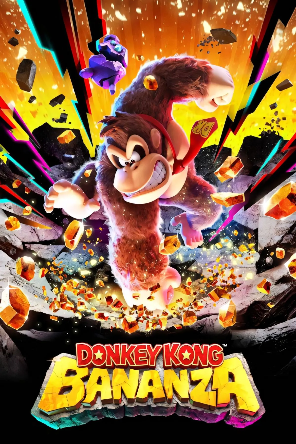 Hình ảnh bìa game Donkey Kong Bananza, thể hiện Donkey Kong đang trong tư thế sẵn sàng khám phá thế giới ngầm đầy màu sắc của Switch 2.