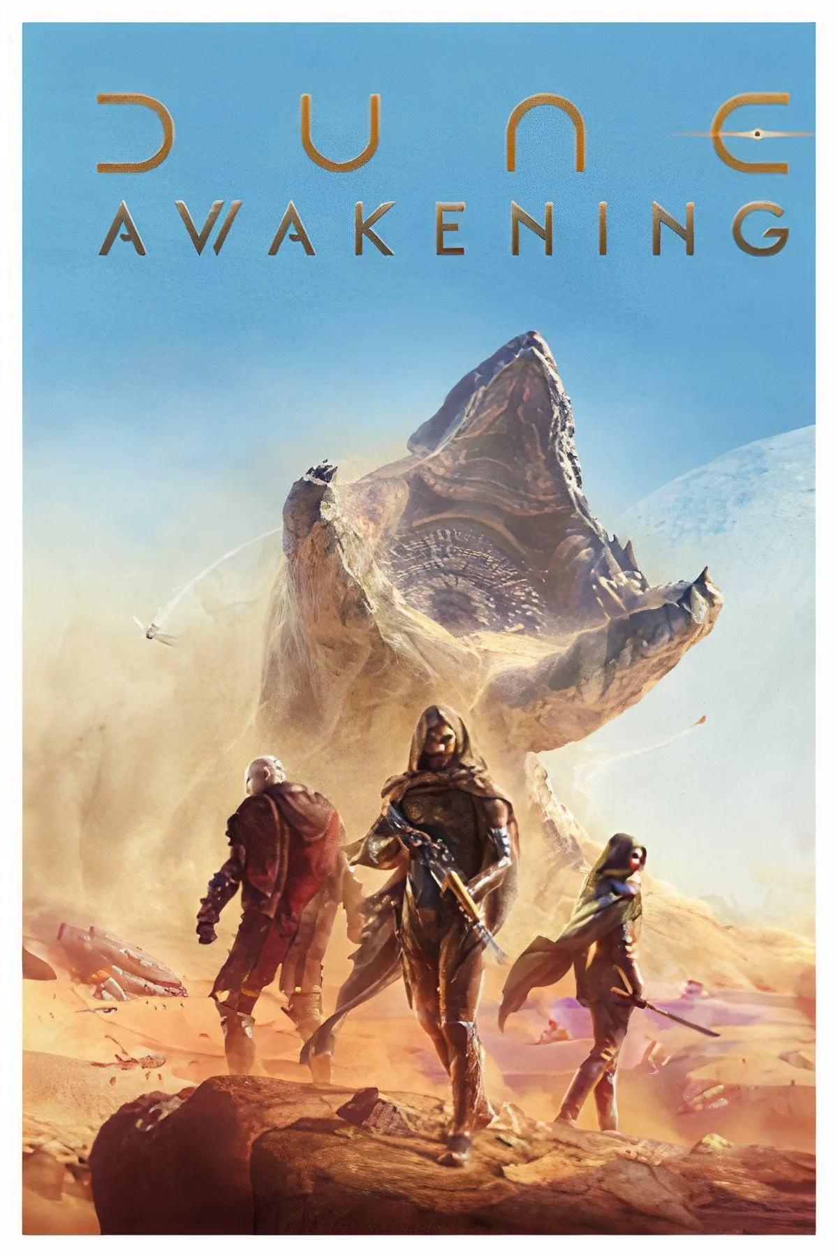 Hình ảnh bìa game Dune Awakening, minh họa thế giới hoang mạc khắc nghiệt của Arrakis và yếu tố sinh tồn.