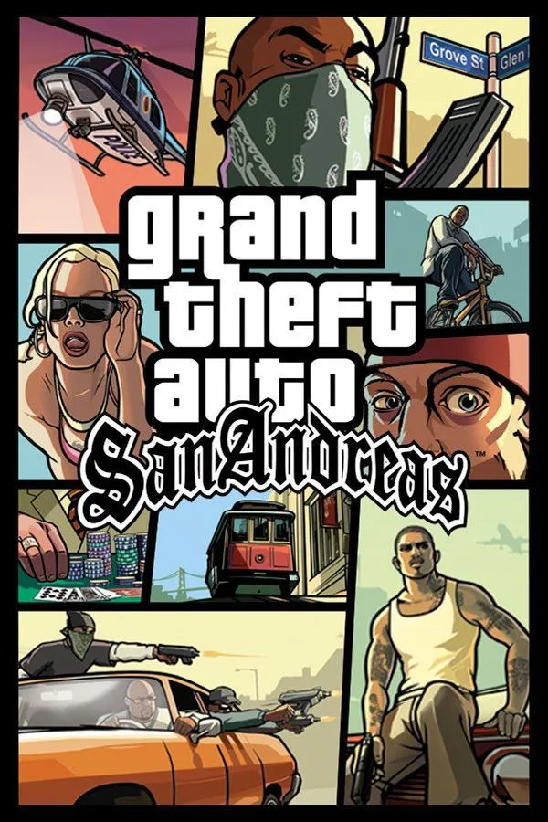 Hình ảnh bìa game Grand Theft Auto: San Andreas, thể hiện nhân vật CJ trong bối cảnh thành phố San Andreas, gợi ý các mối quan hệ bạn gái đa dạng trong game