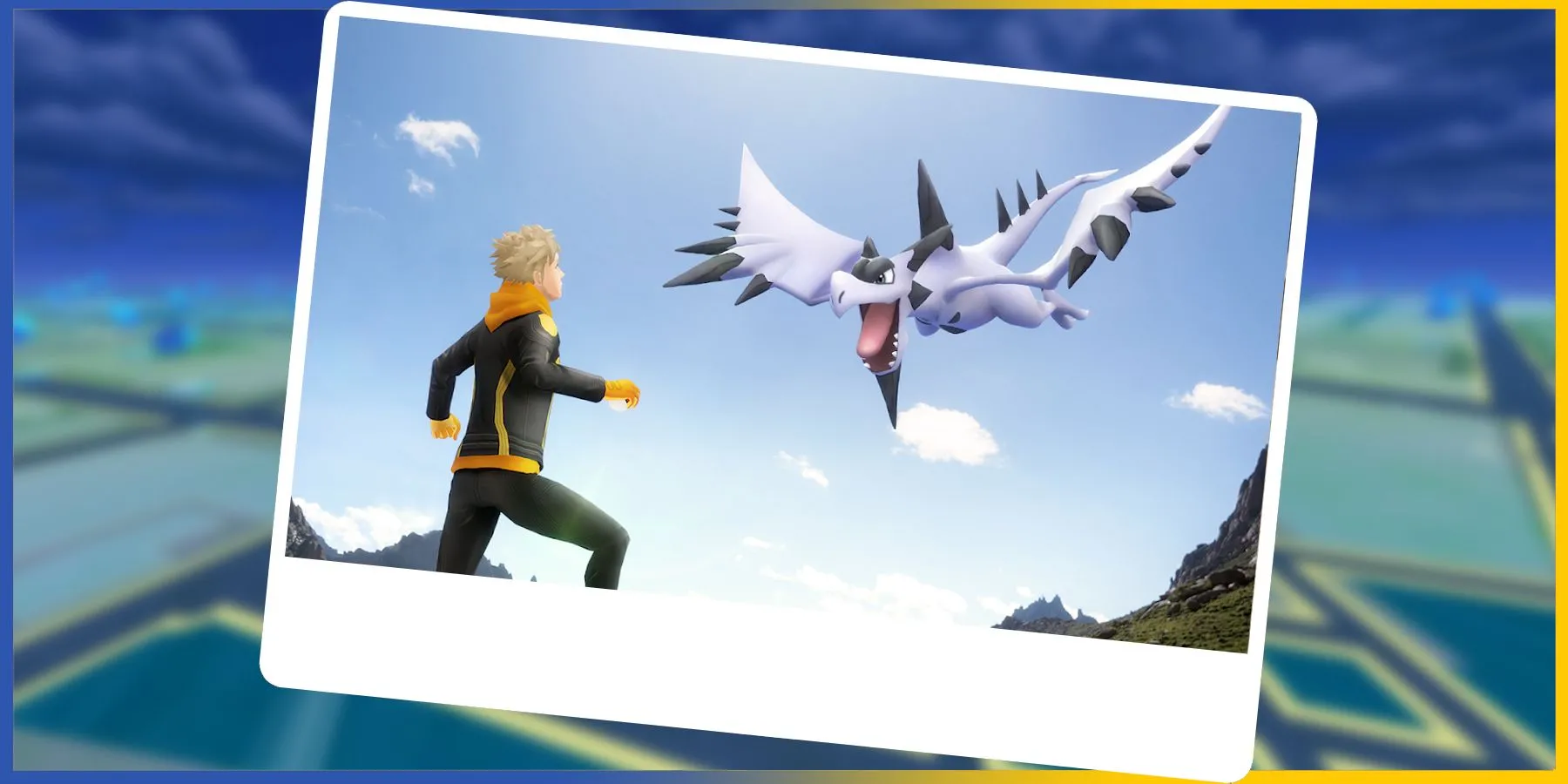 Hình ảnh Mega Aerodactyl trong Pokémon GO và các biểu tượng hệ để khắc chế nó.