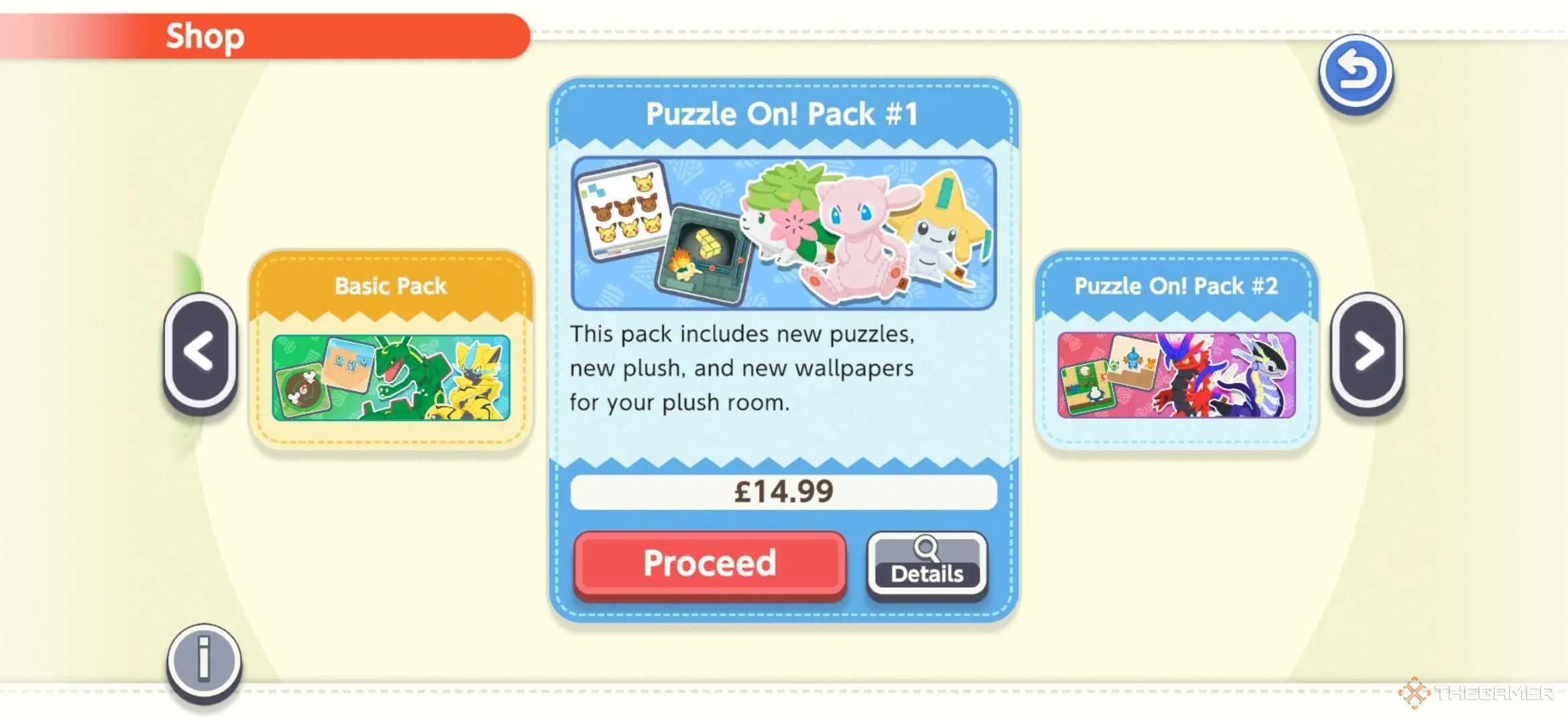 Hình ảnh minh họa giao diện gói Puzzle On! Pack 1 trong game Pokemon Friends, hiển thị các vật phẩm mới và câu đố.