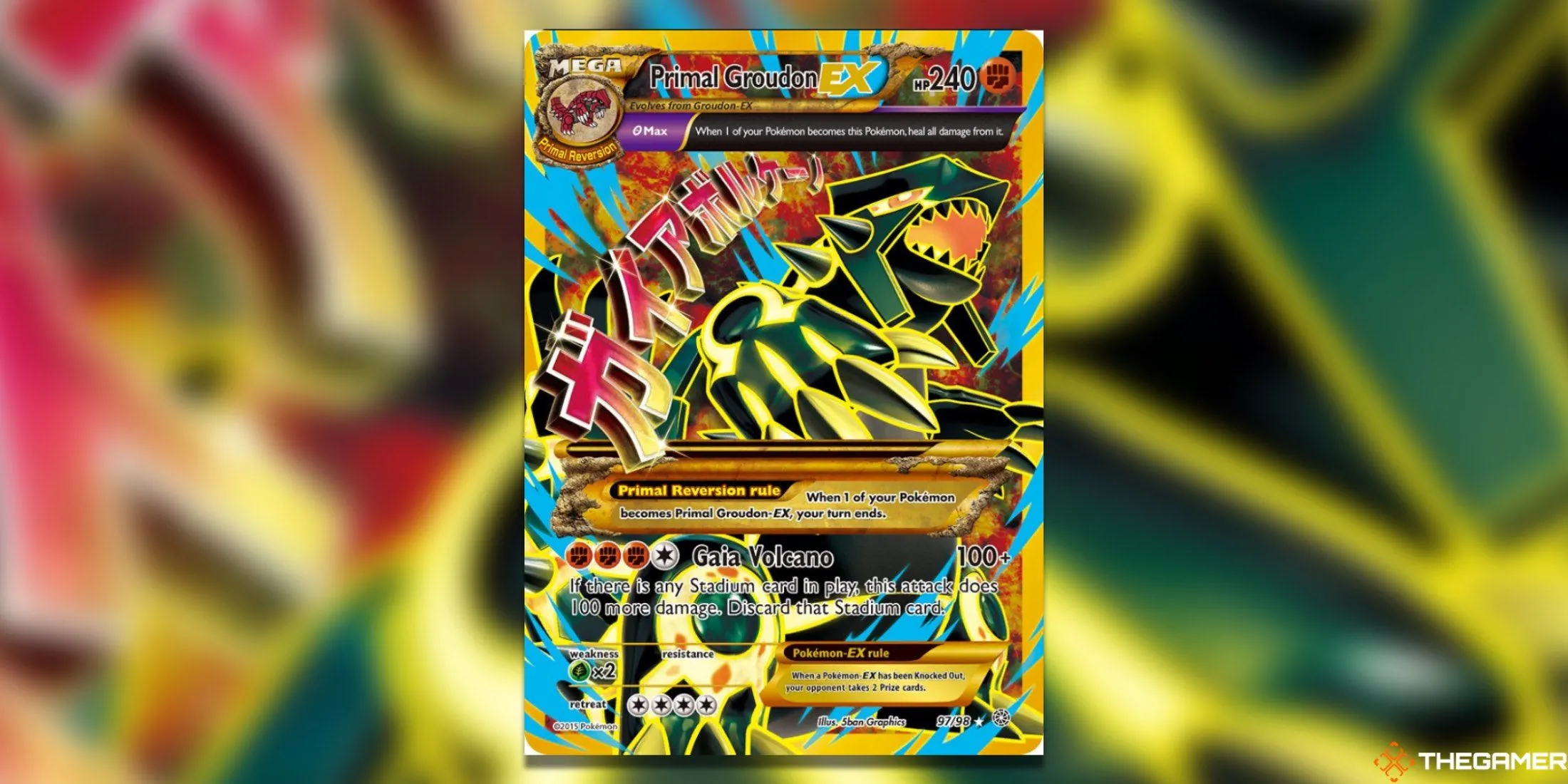 Hình ảnh thẻ bài Primal Groudon EX với tư thế quay phải đầy uy lực từ Pokemon TCG.