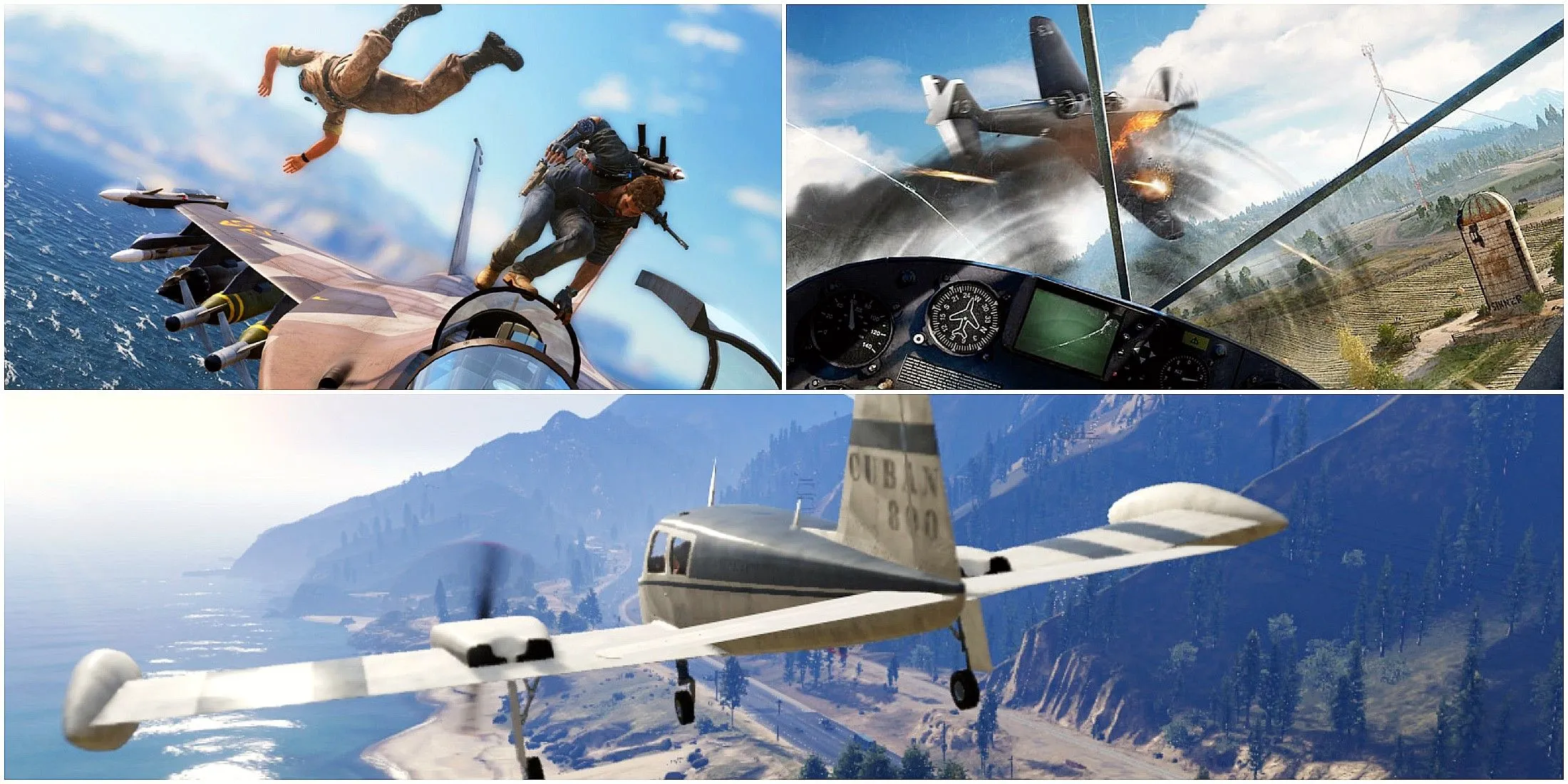 Hình ảnh tổng hợp các game thế giới mở cho phép người chơi điều khiển máy bay và chiến đấu trên không.