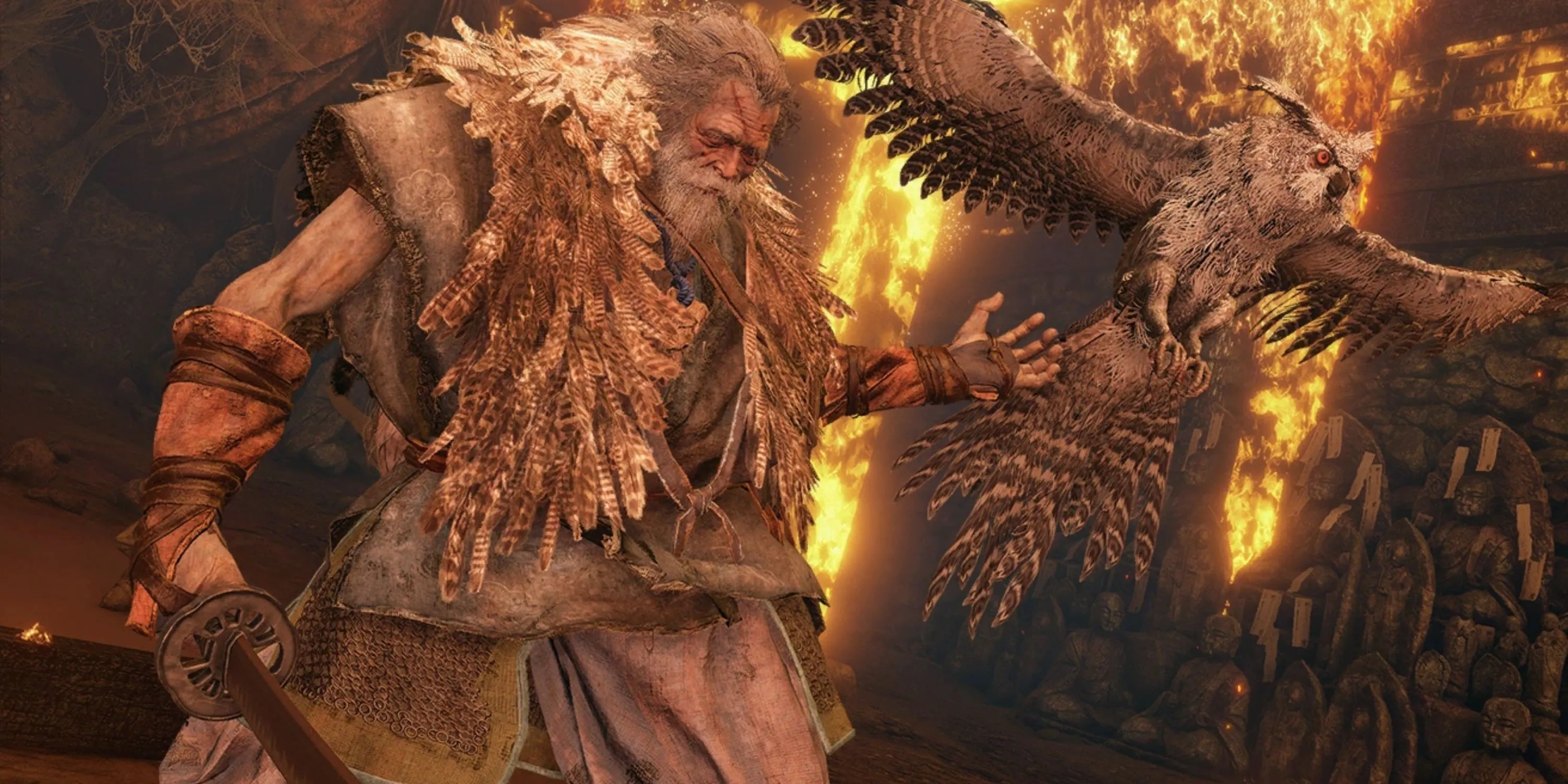 Hình ảnh trùm phụ Owl Father trong Sekiro, biểu tượng cho nội dung mới hoặc bí mật mà game thủ có thể khám phá.