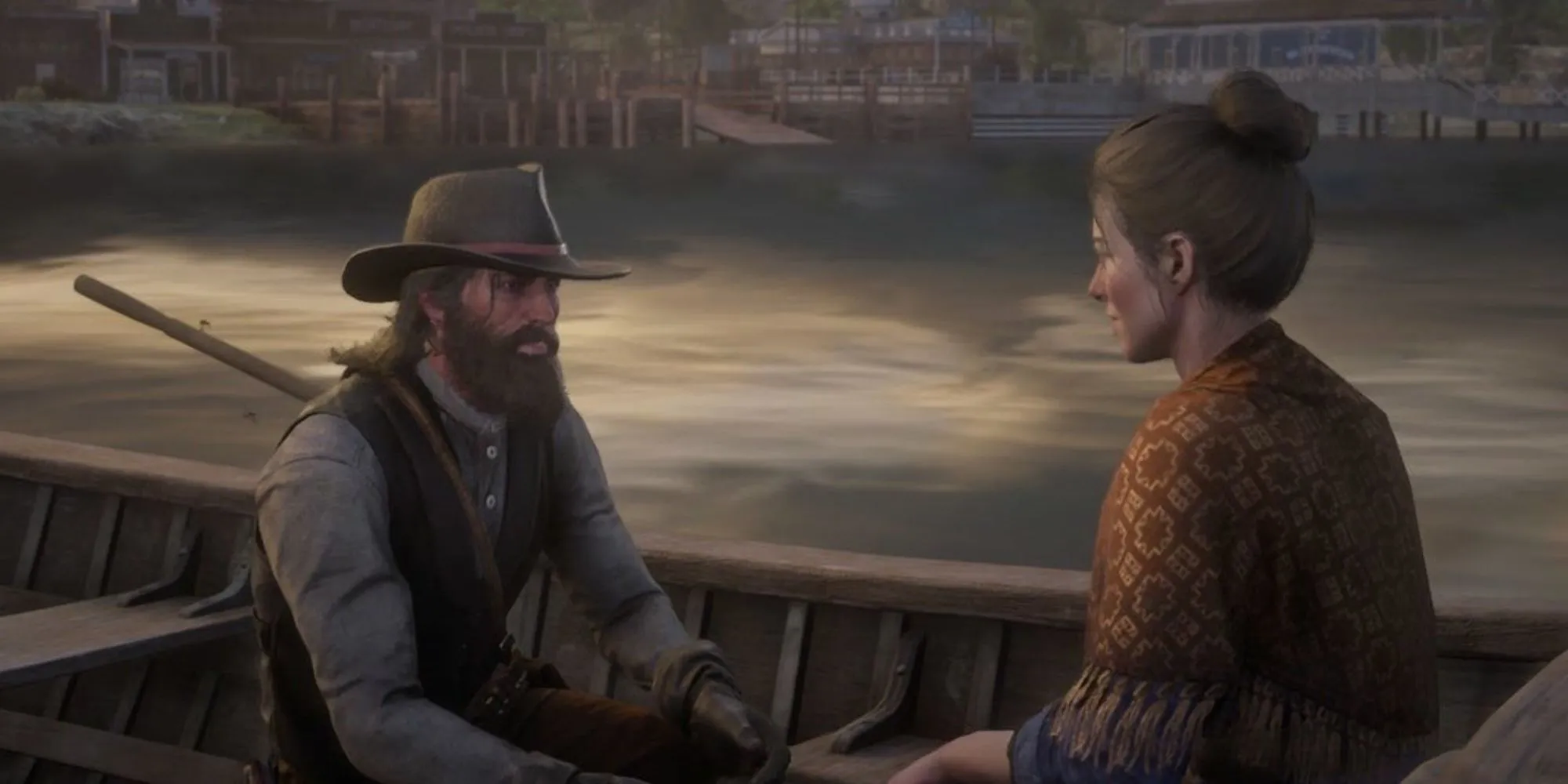 John Marston cầu hôn Abigail trên thuyền trong Red Dead Redemption 2