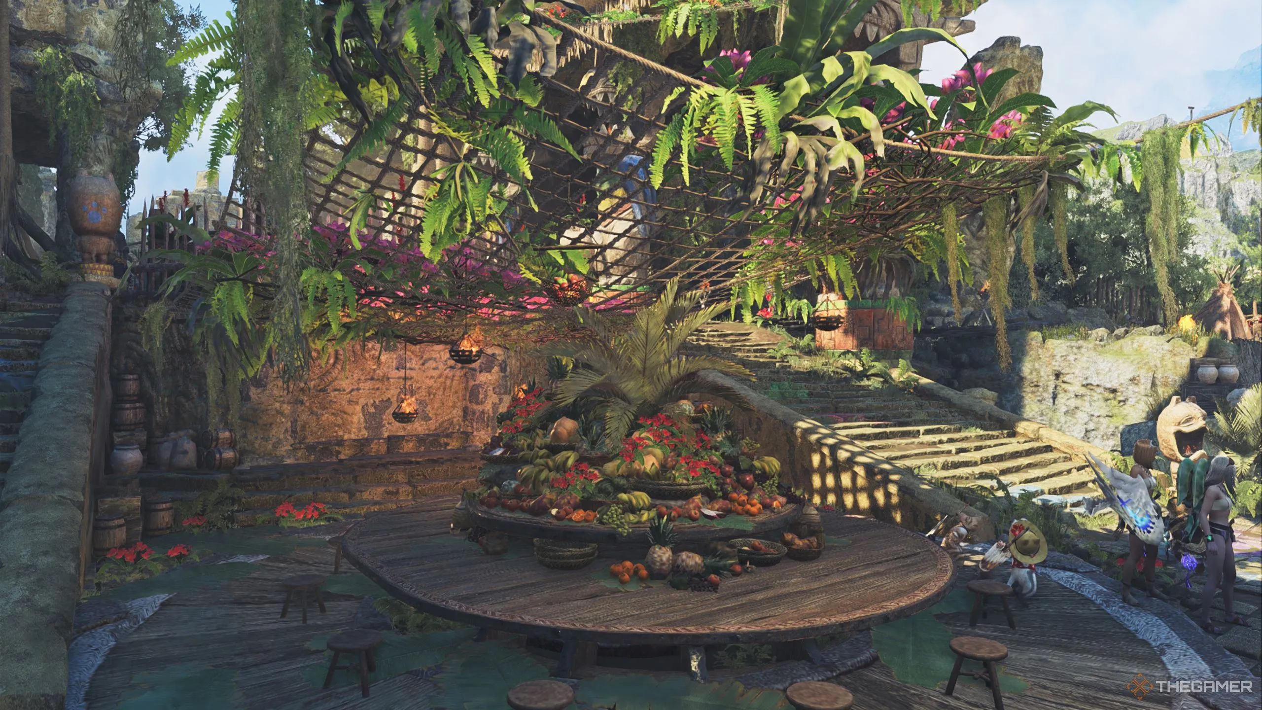 Không gian Đại Sảnh Grand Hub rực rỡ trong lễ hội Flamefete của Monster Hunter Wilds, mang đậm không khí mùa hè.