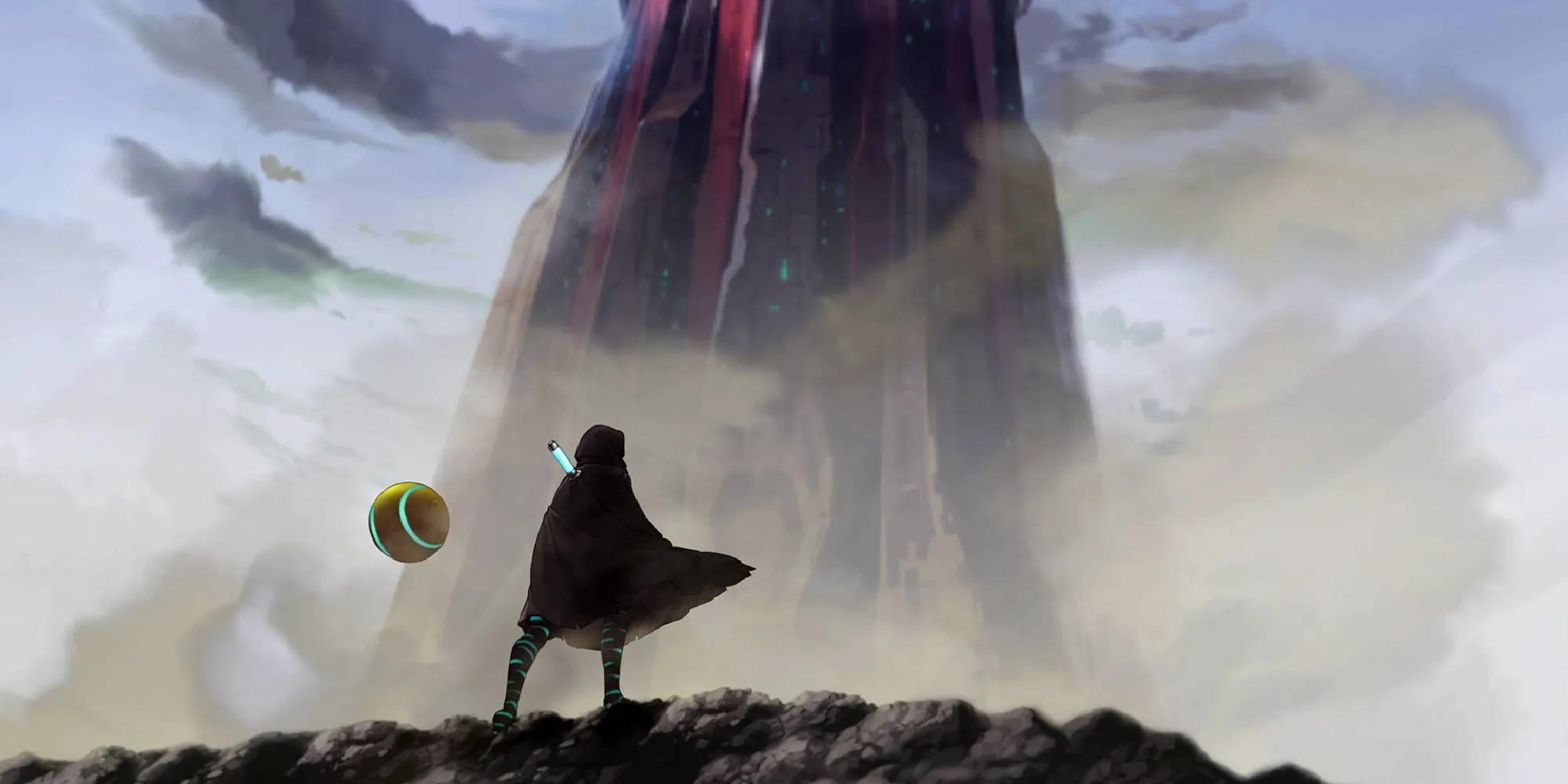 Kiếm sĩ trong Shadow Labyrinth đối mặt với Tháp Đen bí ẩn, biểu tượng của sự khám phá Metroidvania khắc nghiệt.