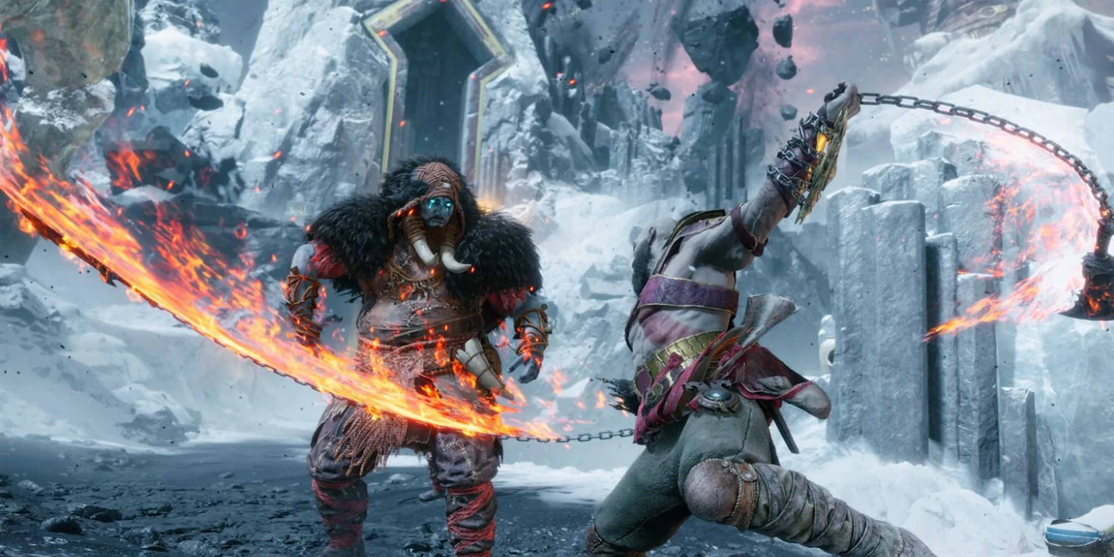 Kratos sử dụng Blades of Chaos rực lửa trong trận chiến khốc liệt ở God of War Ragnarok
