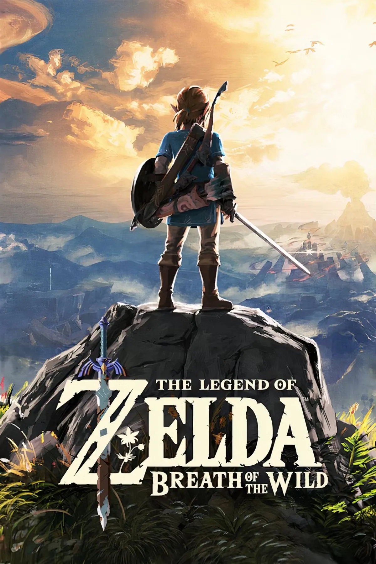 Link đứng trên vách đá nhìn ra phong cảnh rộng lớn của Hyrule trong The Legend of Zelda: Breath of the Wild, thể hiện thế giới mở tuyệt đẹp