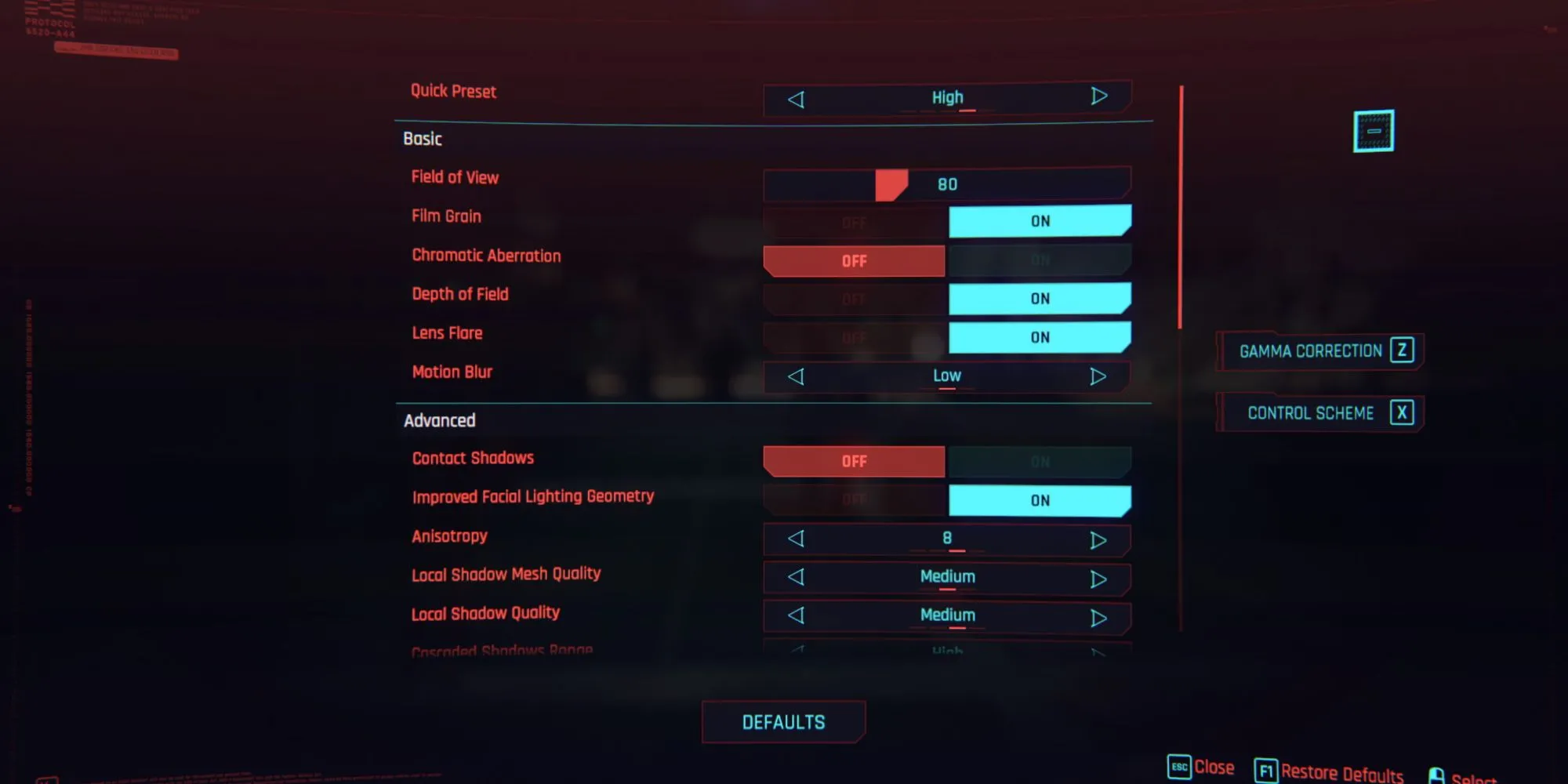Màn hình cài đặt đồ họa của game Cyberpunk 2077, hiển thị nhiều tùy chọn phức tạp