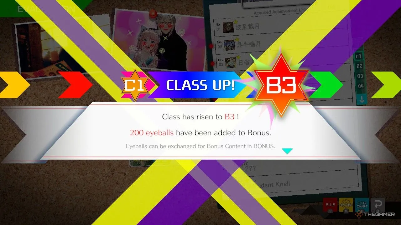 Màn hình thông báo game AI The Somnium Files hiển thị phần thưởng 300 Eyeballs khi thăng cấp Class cho nhân vật Kaname Date.