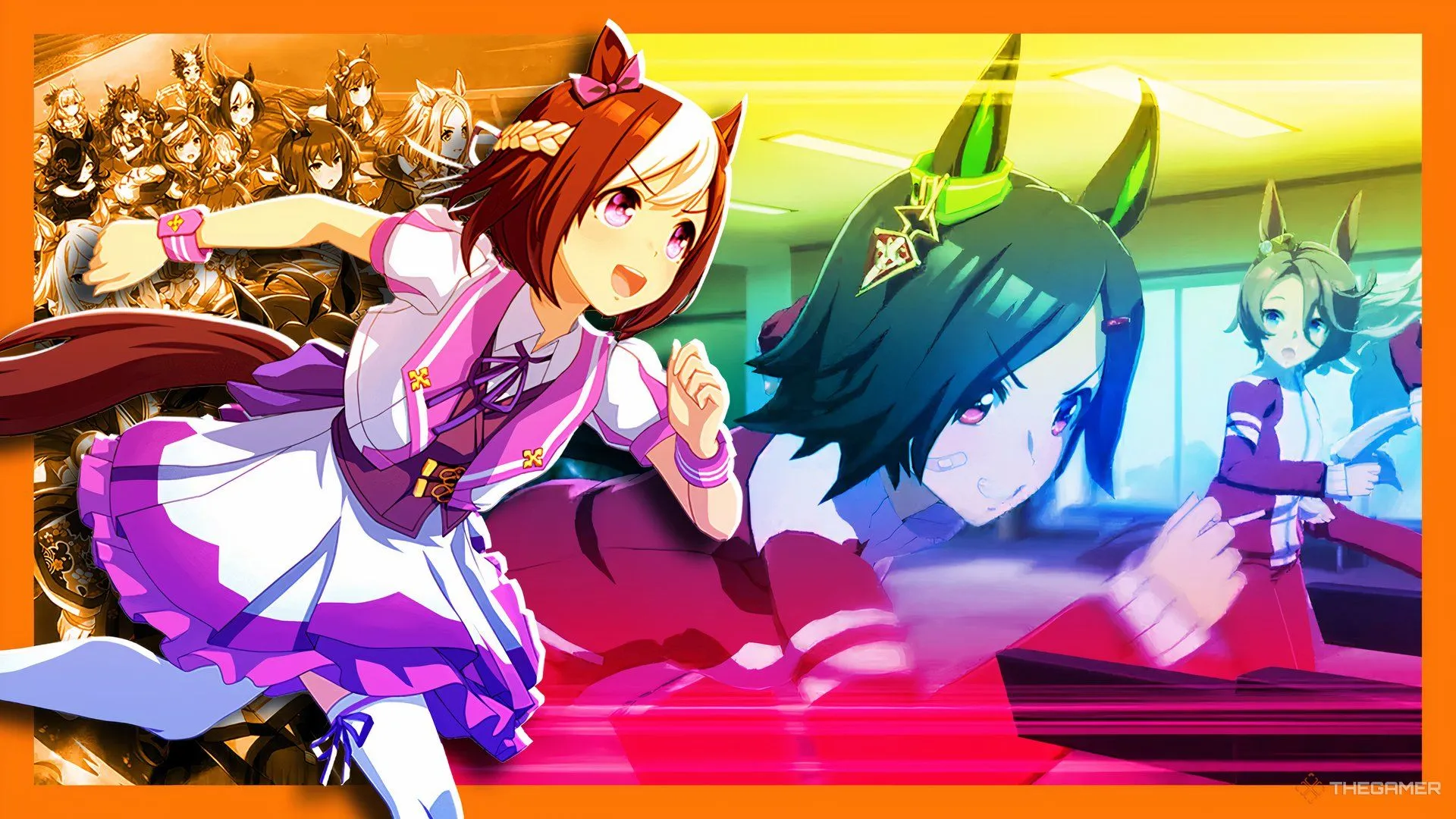 Màn hình Umamusume Pretty Derby với các Uma đang đua, minh họa lối chơi và không khí căng thẳng