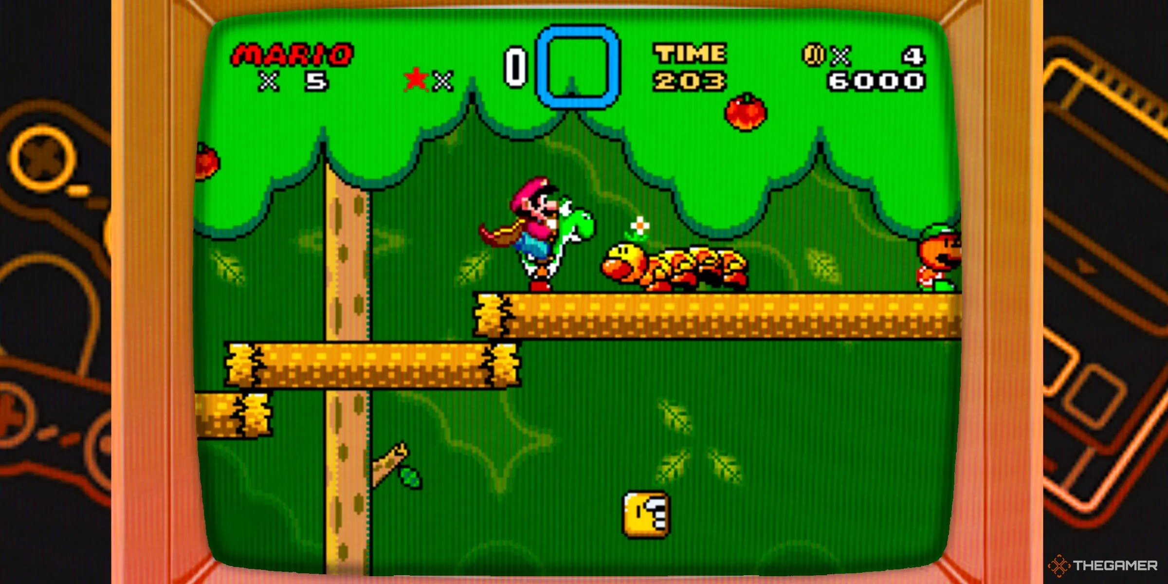 Mario cưỡi Yoshi với áo choàng trong màn chơi rừng của Super Mario World hiển thị trên màn hình CRT